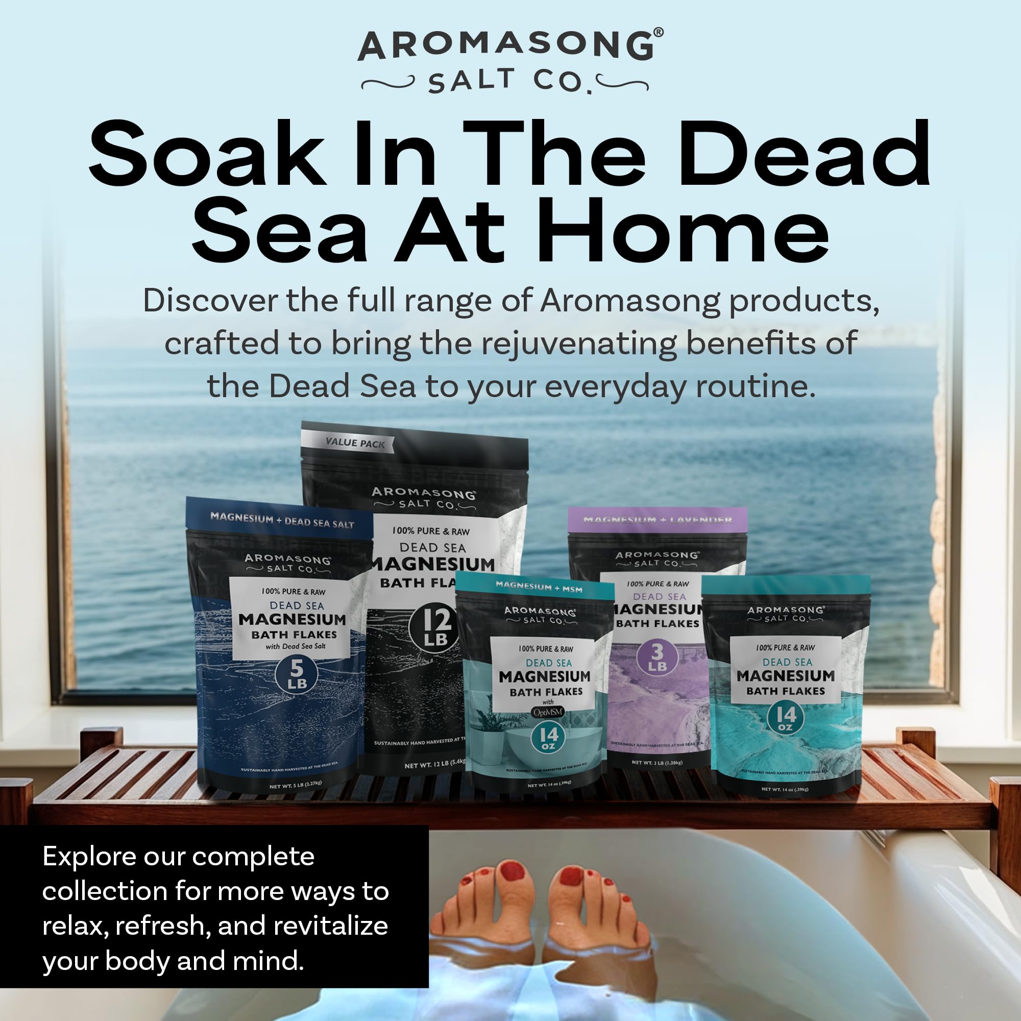Aromasong Magnesium Flakes from The Dead Sea, 12 LB Resealable Black Bag - Muscle Relaxing Magnesium Chloride Bath Salts Soak for Headaches, Stress & Leg Discomfort