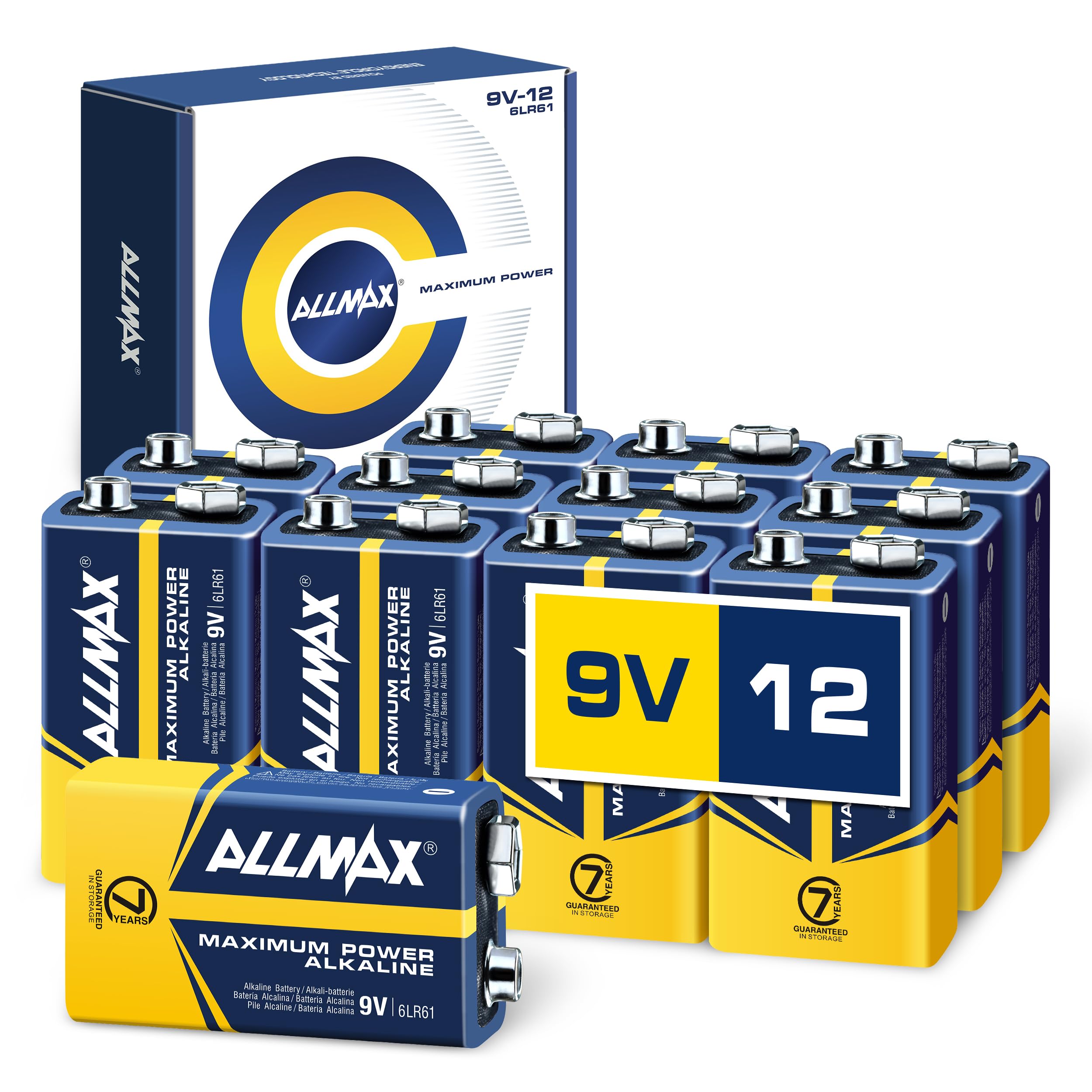 Allmax 9V Maximum Power Alkaline Batteries (12 Count) – Ultra Long-Lasting, 7-Year Shelf Life, Leakproof Design, Maximum Performance