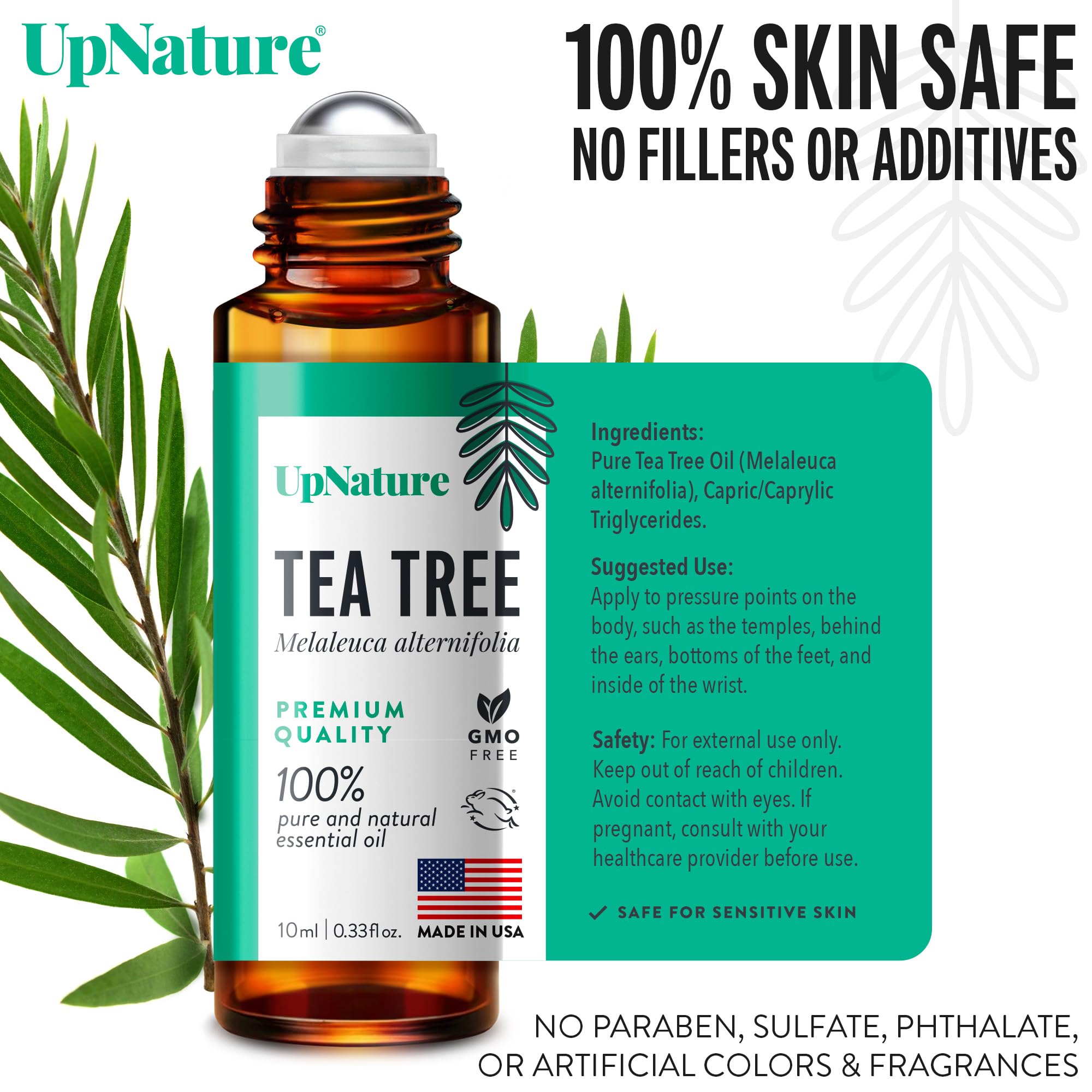 UpNature Tea Tree Essential Oil Roll On - 100% Natural Tea Tree Oil for Skin