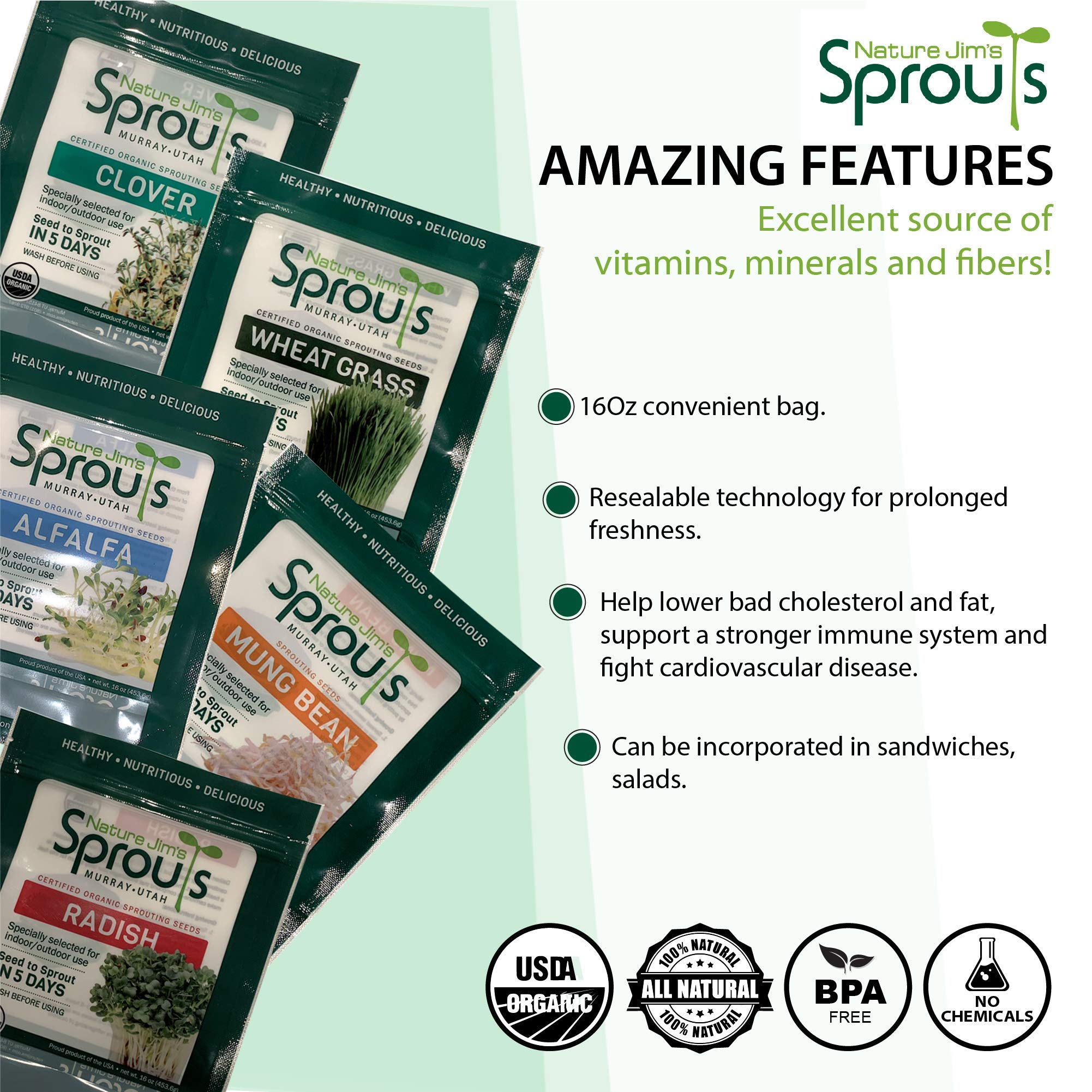 Nature Jims Sprouts Alfalfa Seeds – Non-GMO Organic Sprout Growing Kit for Planting – Premium Resealable Bag for Fresh Homegrown Sprouting Seeds – Rich in Nutrients, Vitamins, Fiber & Minerals – 16oz