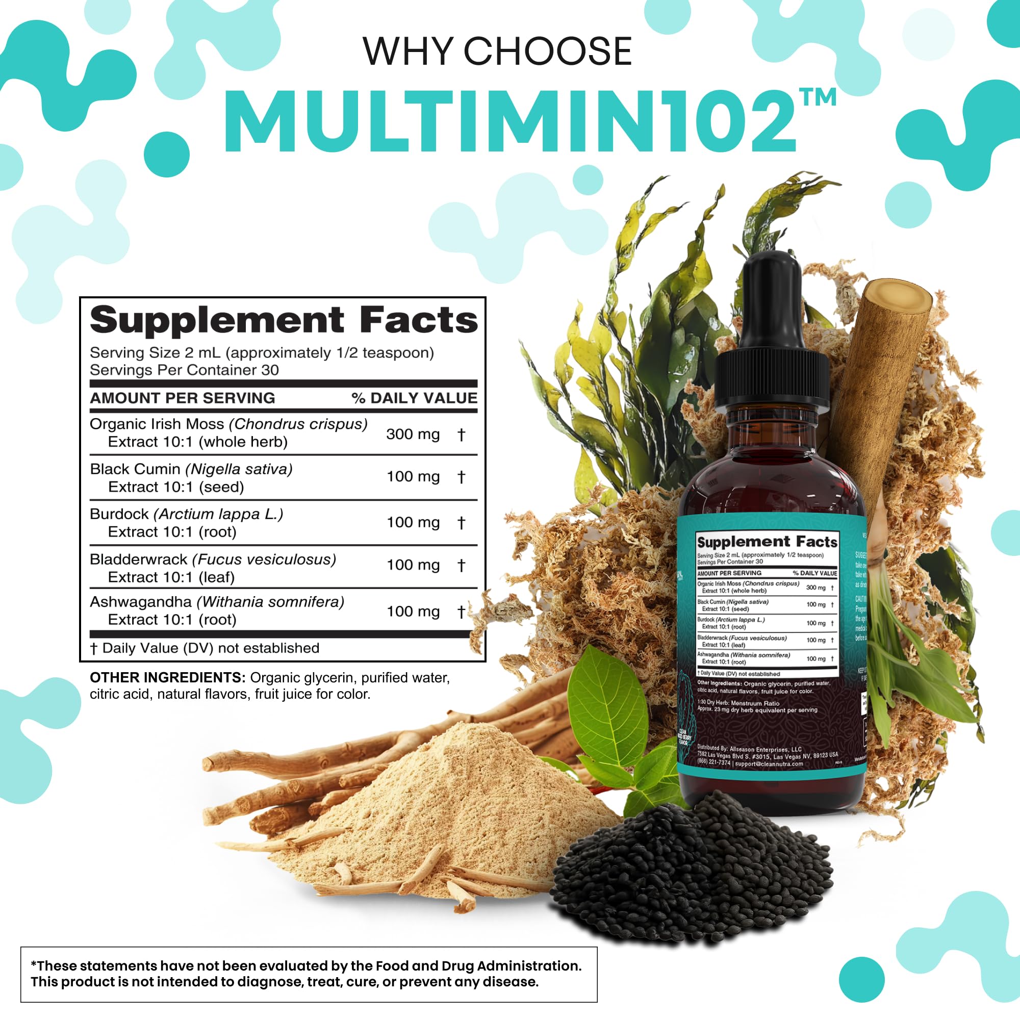 Clean Nutra Organic Sea Moss Drops Supplement | Black Seed Oil Irish Seamoss Ashwagandha Burdock Root & Bladderwrack - Multimineral Liquid Vegan for Gut Heath Energy Skin Immune Support & Hair