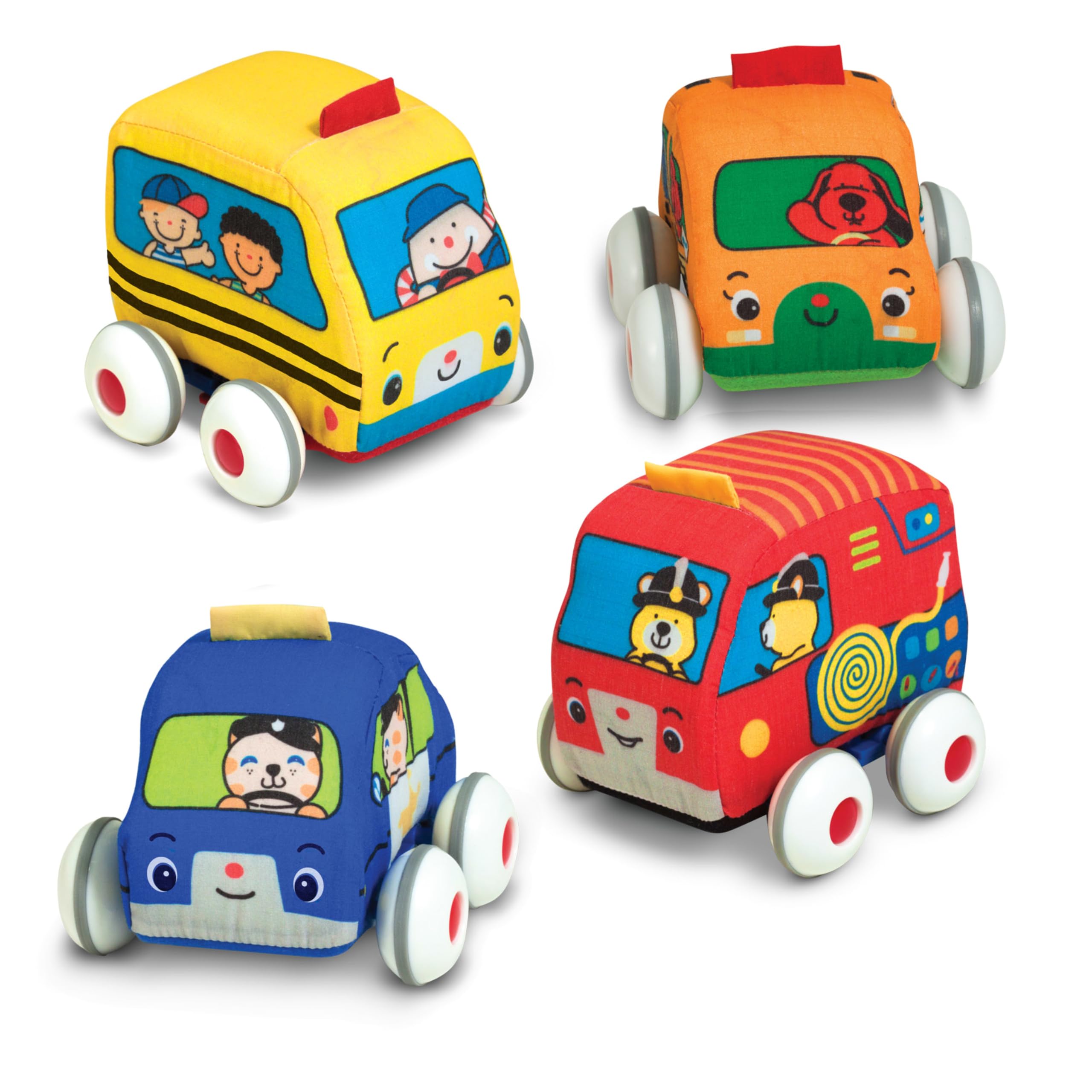 Melissa & Doug K's Kids Pull-Back Vehicle Set - Soft Baby Toy Set With 4 Cars and Trucks and Carrying Case Pull Back Cars, Soft Vehicles Toys For Babies And Toddlers