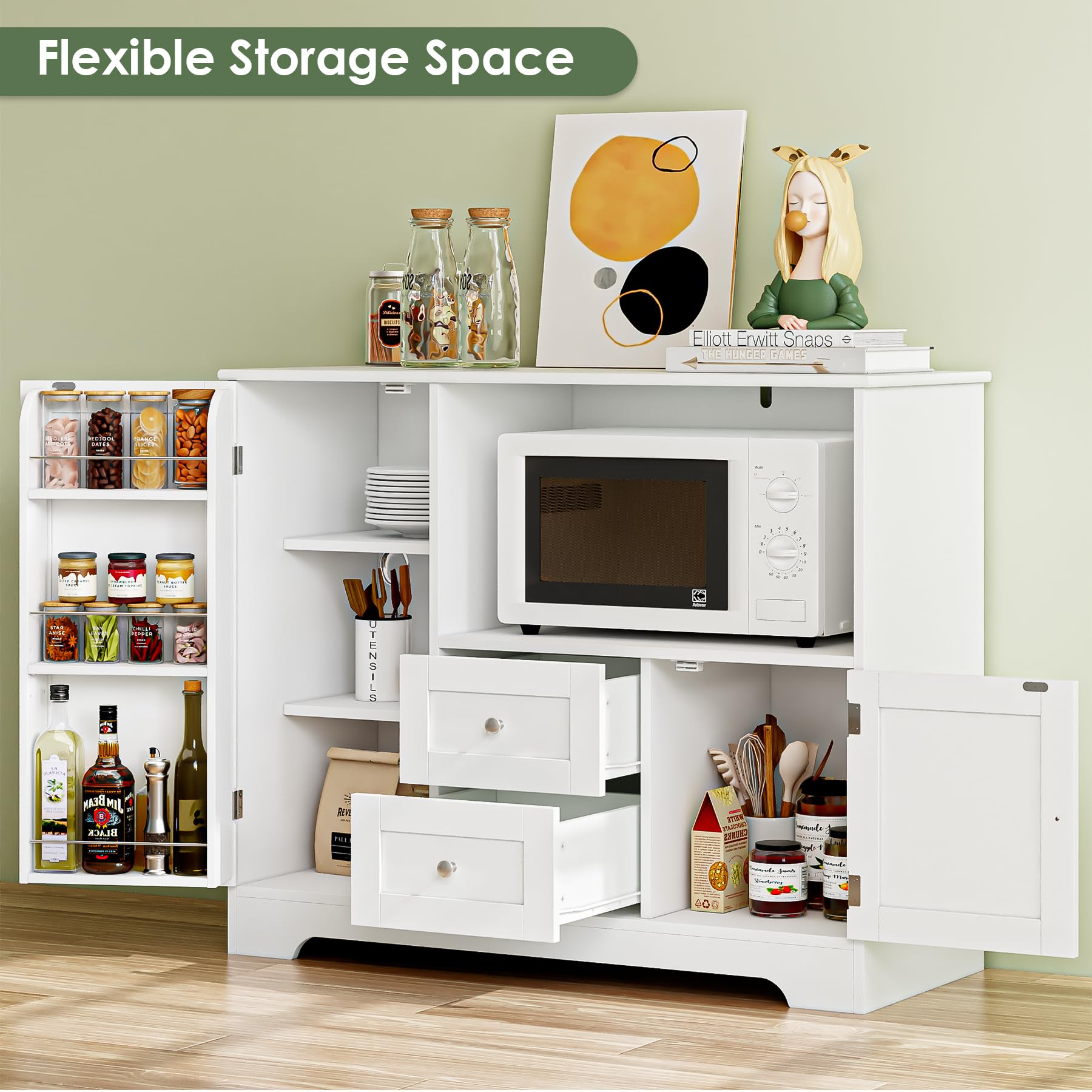 BOTLOG Buffet Cabinet with Microwave Stand, Kitchen Storage Cabinet with Door Shelf, Drawers and Adjustable Shelf, Kitchen Sideboard Cabinet with Storage Cabinet White Painted