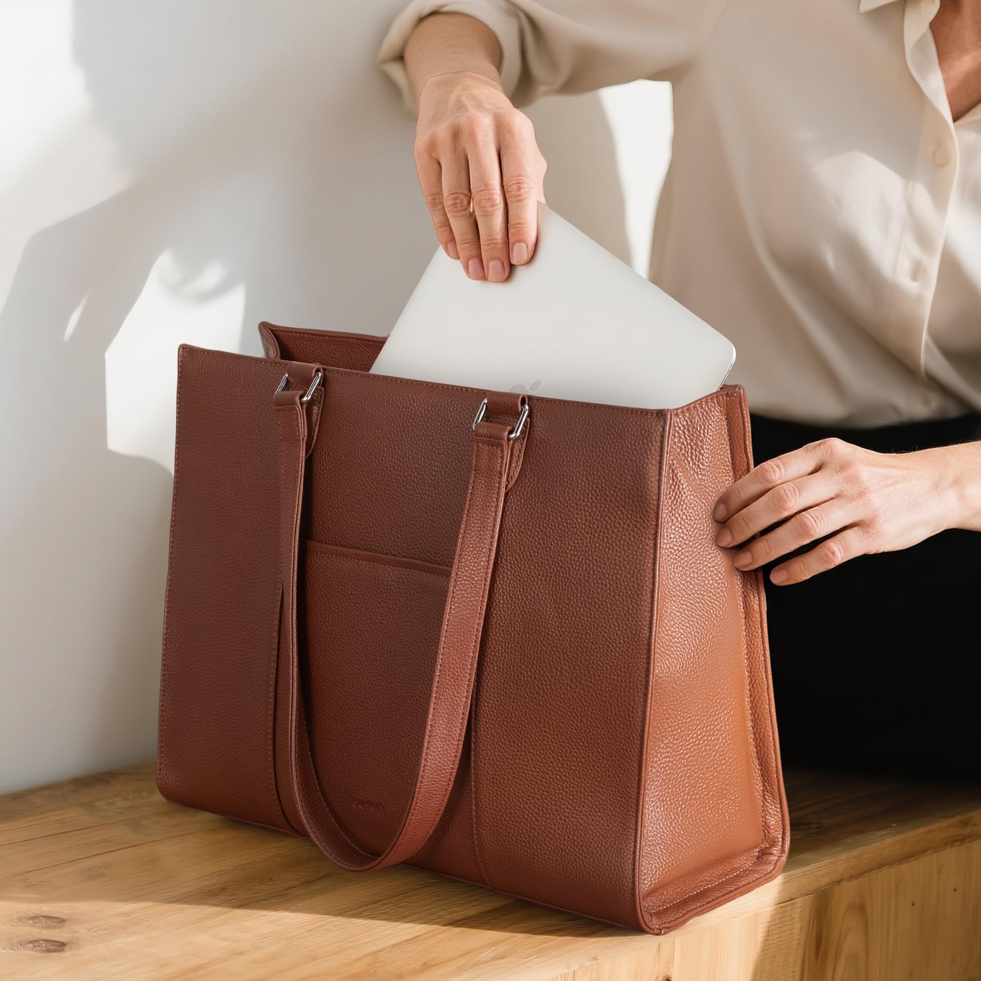 befen Genuine Leather Work Tote Bag for Women, Women's 15.6 Inch Work Bags Totes Purse Shoulder Purses Handbags Cognac Brown