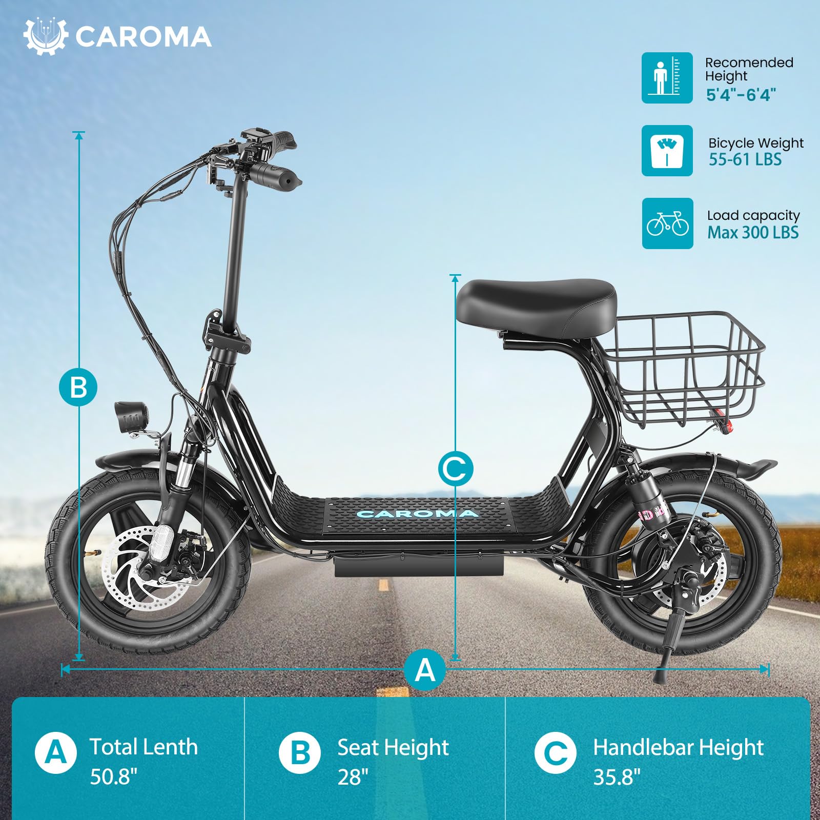 Caroma 819W Peak Electric Scooters for Adults, 14" Fat Tire, 375Wh Battery, 25 Miles Range, 20MPH Top Speed, Foldable Electric Scooter with Seat, Dual Shock Absorbing Electric Bike for Commuting,Blac
