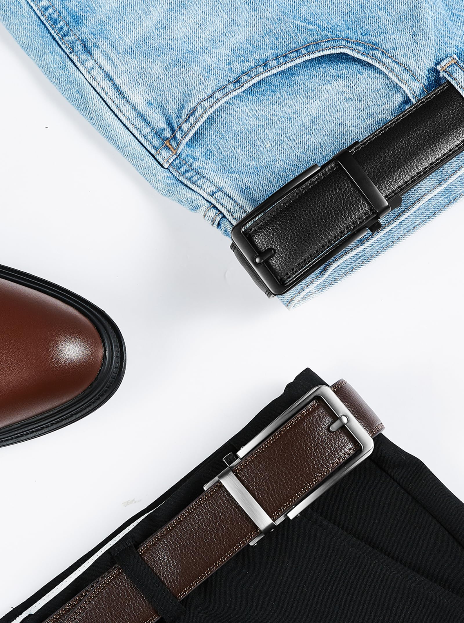 SKiporty Men's Ratchet Belts Leather Comfort Adjustable Click Belt With Slide Buckle for Men Casual Work Jeans Gifts Box