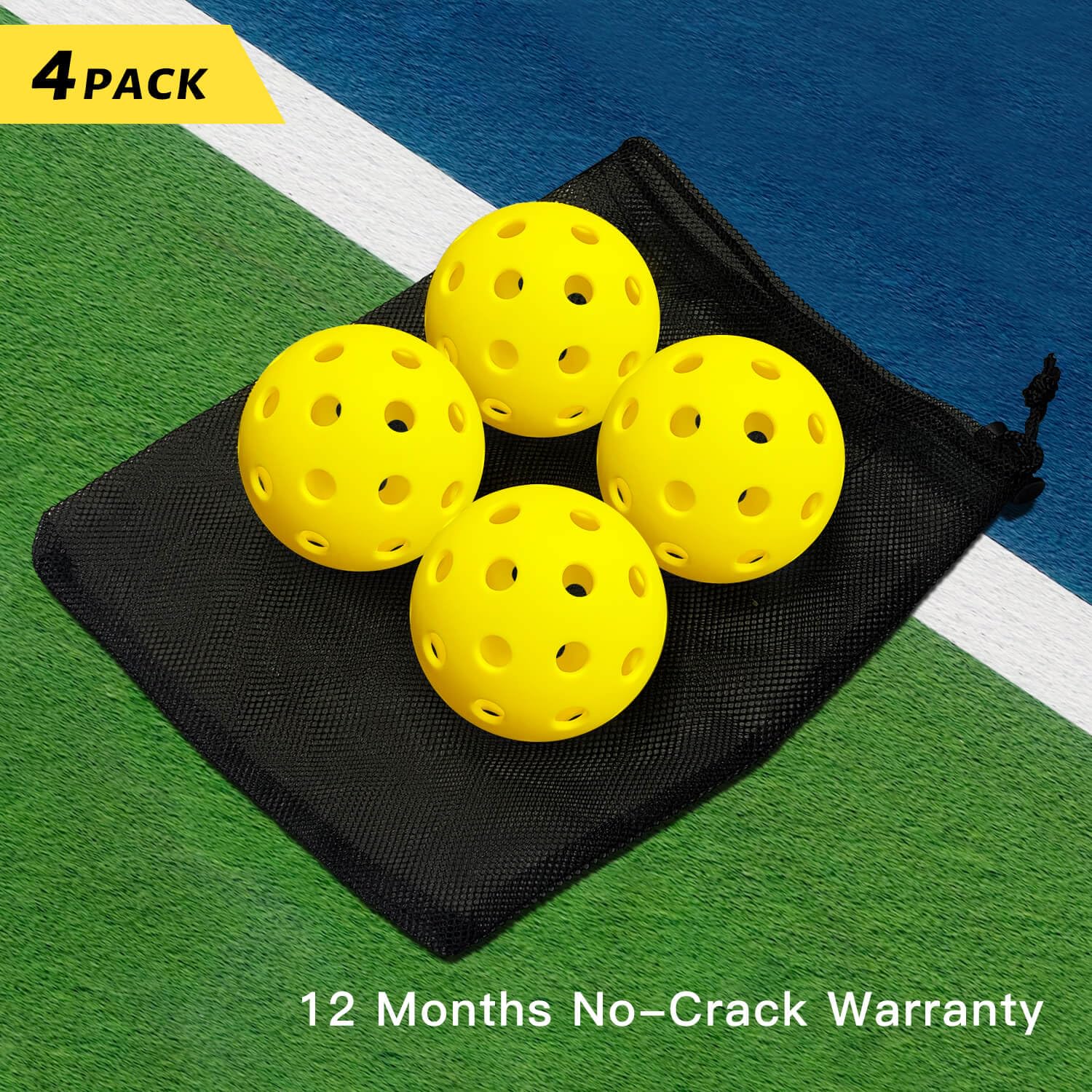 Warping Point Outdoor Pickleball Balls, 4 Pack 40 Holes Yellow PickleBalls with Mesh Bag, Meet USAPA Specifications, High Bounce Durable Practice Pickle Ball for Beginners Intermediate Player