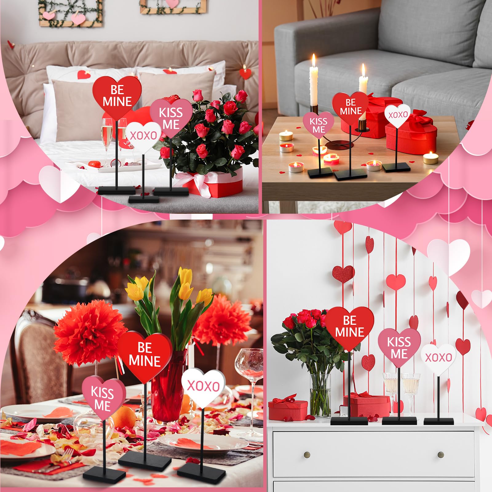 Spiareal 3 Pcs Valentine's Day Heart Wooden Sign Heart Shape Tall Standing Table Sign Love Decor Valentine's Day Wooden Signs for Home Farmhouse Table Centerpiece Decorations(Lovely)