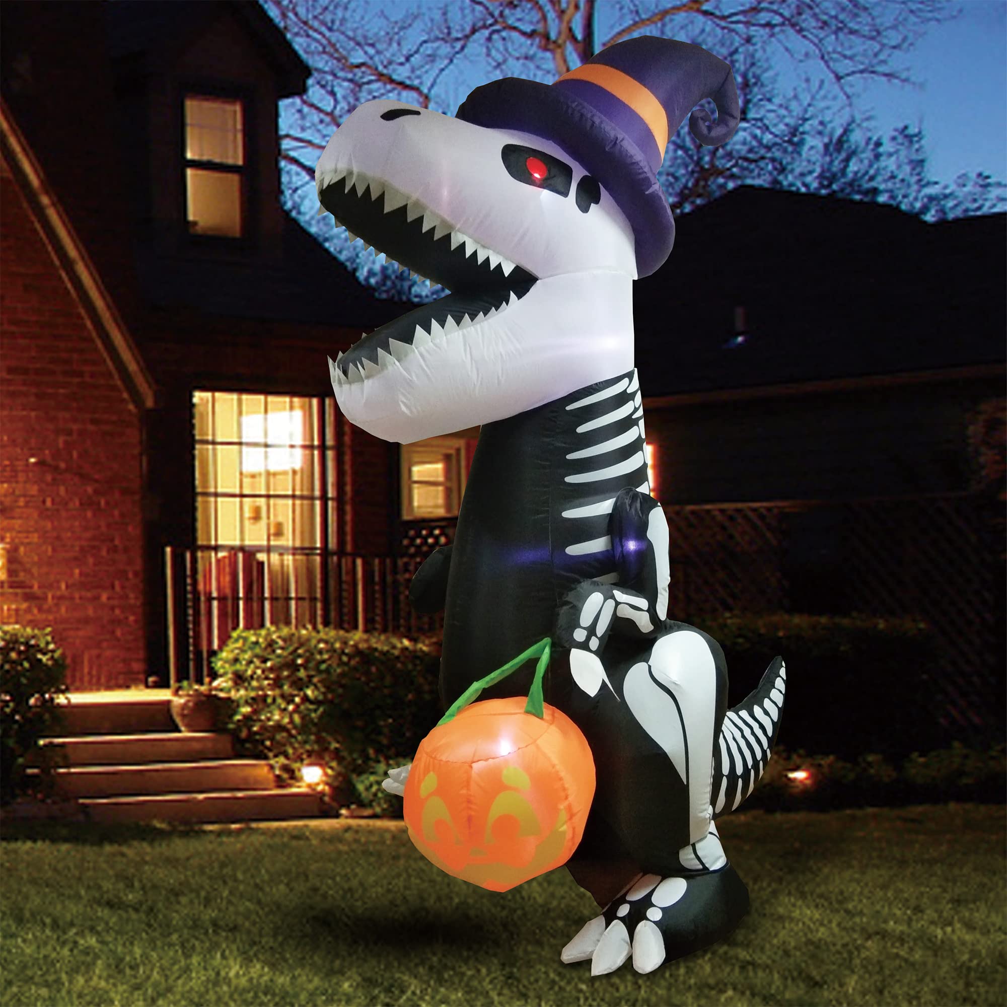 Joiedomi 8 FT Halloween Inflatables Outdoor Decorations, Halloween Blow Ups for Yard, Inflatable Skeleton Dinosaur with Pumpkin for Inflatable Halloween Decor Outdoor, Halloween Decorations Outside