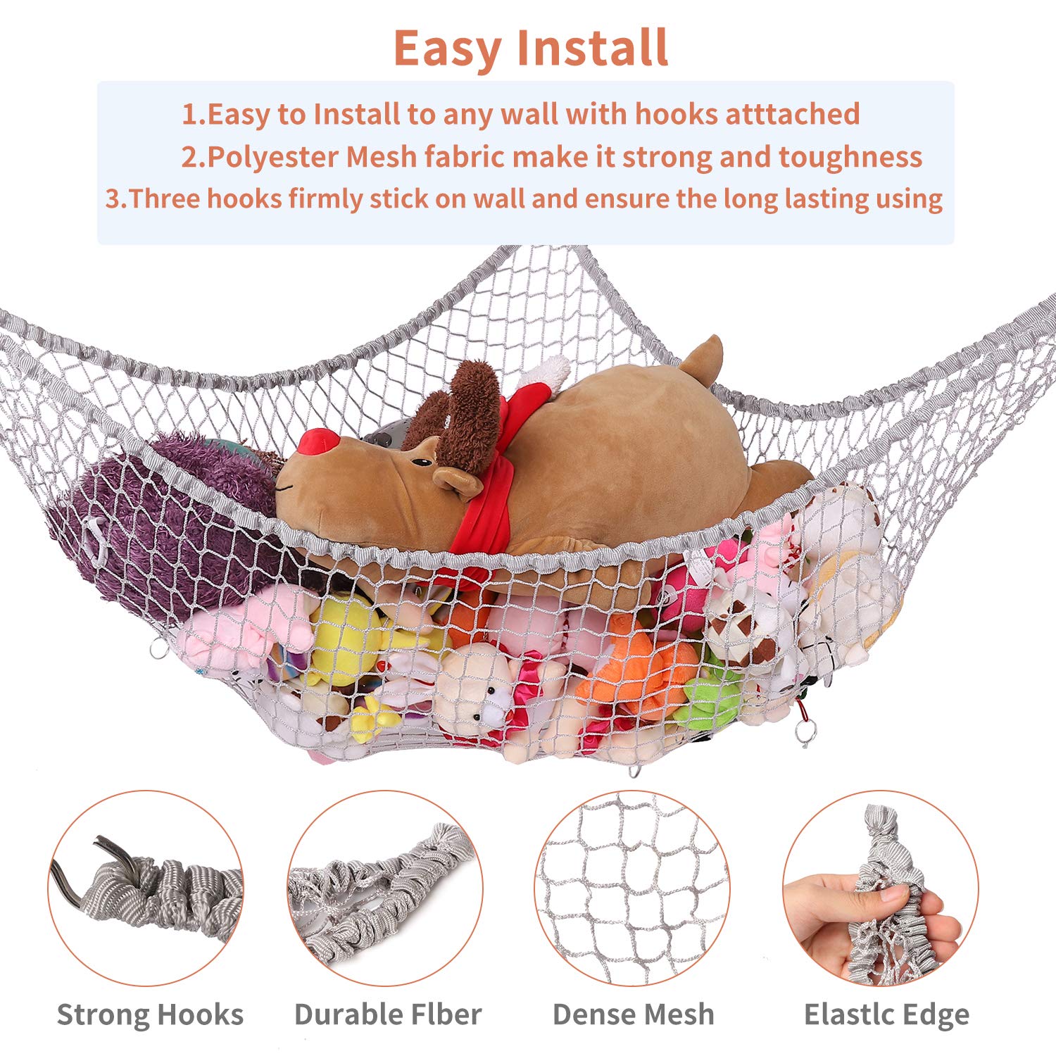 Stuffed Animal Hammock, Toy Hammock, LXUNYI Extra Large Mesh Toy Net Giant Baby Kids Children Stuff animals Hammocks Wall Corner Hanging Storage Net Organizer