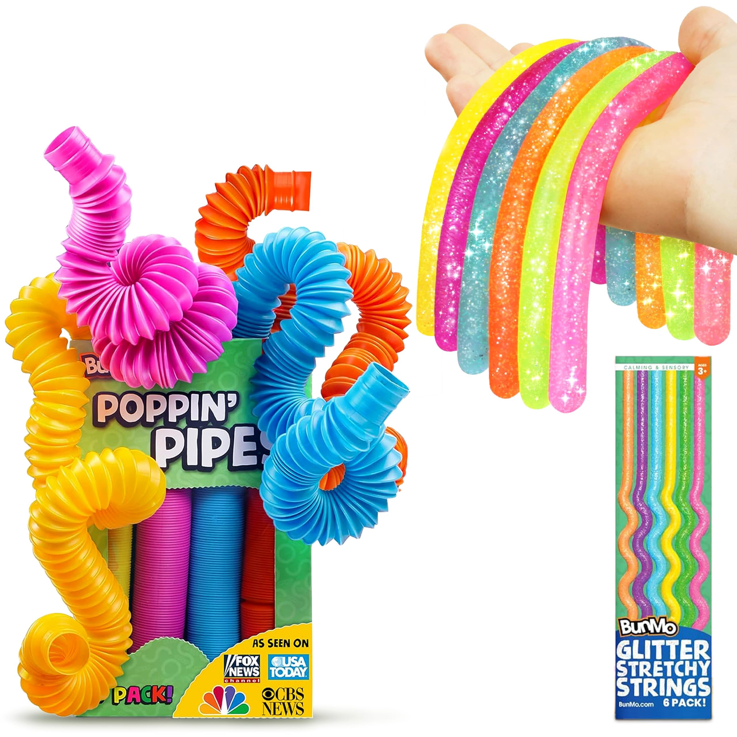 BUNMO Easter Basket Essentials - Pop Tubes - Sensory Toys - Toddler Toys 4 Pack Large, Easter Basket Essentials - Stretchy Strings - Sensory Toys - Glitter 6 Pack
