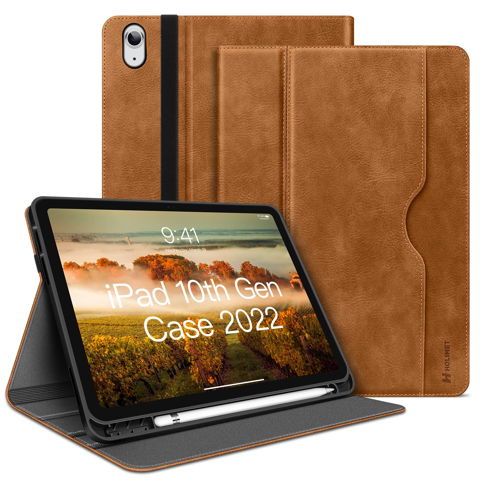 HOLIMET Case for iPad 10th Generation 10.9 Inch 2022 New with Pencil Holder Protective Cases Shockproof Cover for 2022 iPad 10th Gen PU Leather (Fits Model #’s A2696 A2757 A2777), Brown