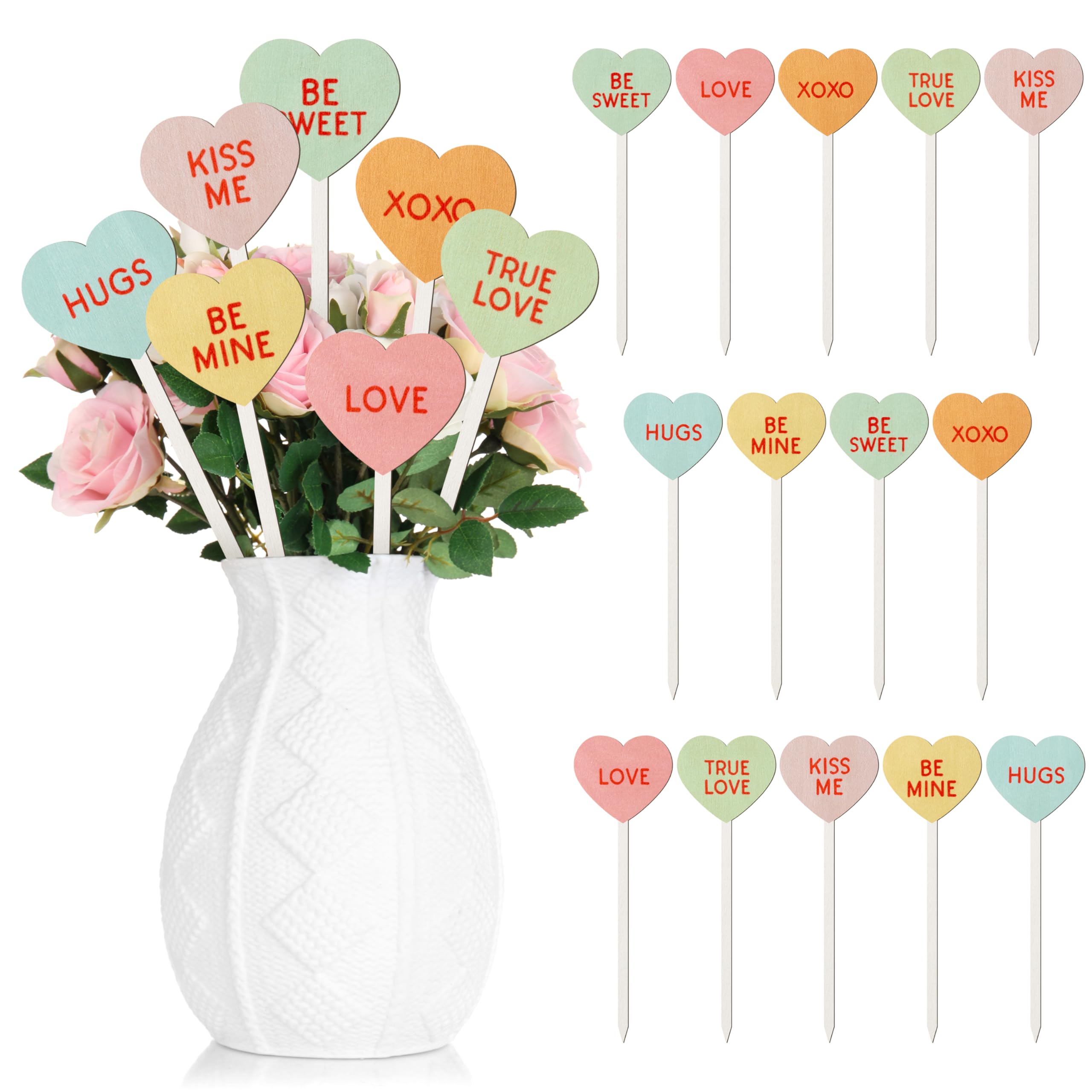 TICIAGA 14PCS Valentine’s Day Decorative Picks Double-sided Wooden Heart Picks with Word Romantic Decor Wooden Heart Picks Valentines Day Decorations for Home Vase Filler Wooden Heart Picks for Weddin