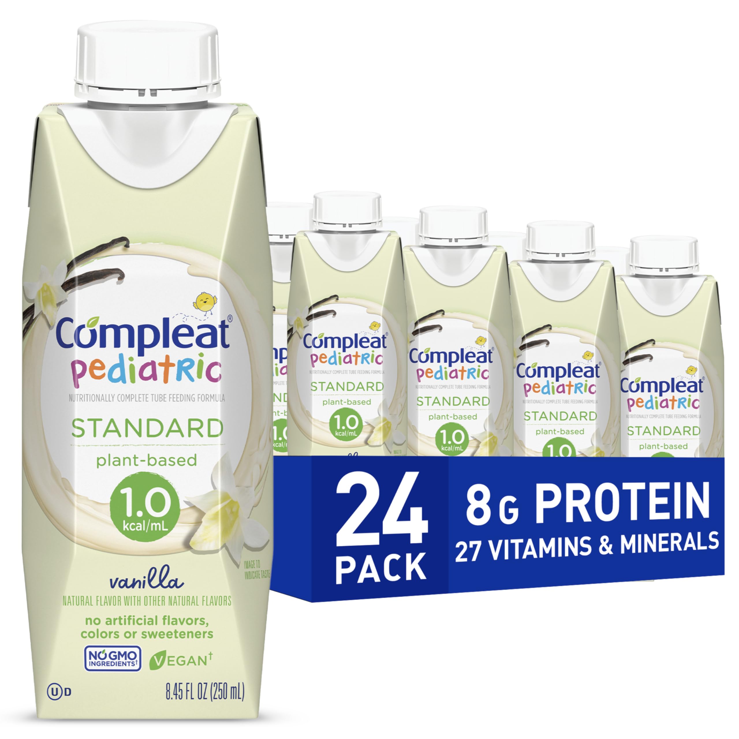 Compleat Pediatric Standard 1.0 Plant-Based Vanilla Nutrition Shake, 8g of Protein, 27 Vitamins & Minerals - Vegan Tube Feeding Formula, 8.45 Fl Oz (Pack of 24)