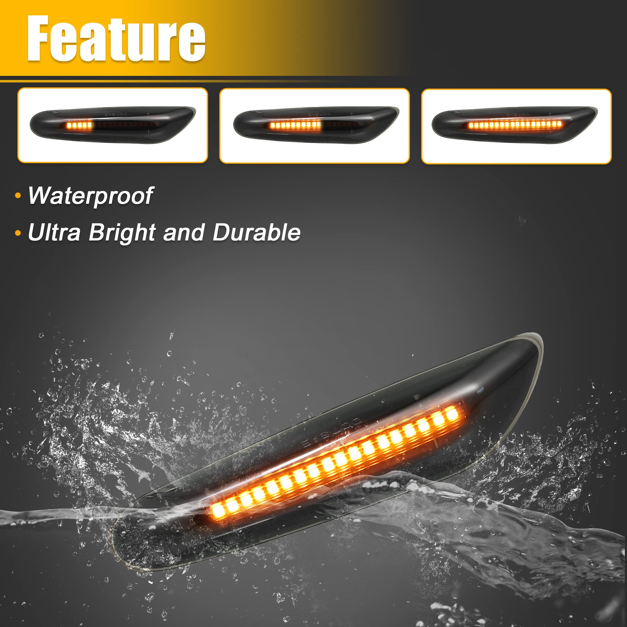 X AUTOHAUX Full LED Side Turn Signals for BMW 1 3 5 Series E36 E46 E60 E87 E90 E92 X1 X3 63133418447 63133418448 Fender Side Marker Amber Light Assemblies Front Flowing LED Lamps Lights 2pcs