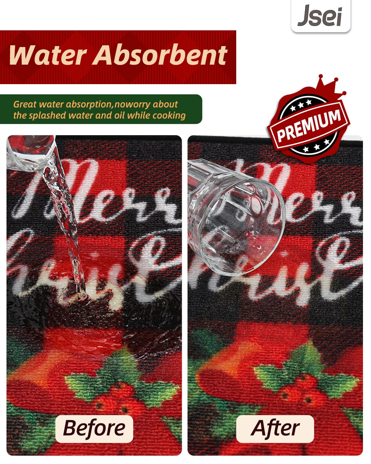 JSEI Christmas Kitchen Mats for Floor Set of 2, Red Buffalo Plaid Non-Slip Kitchen Rugs Merry Christmas Bow Tree Snowflake, Kitchen Floor Mat Washable Christmas Rug for Kitchen Decor, 17"x30"+17"x48"