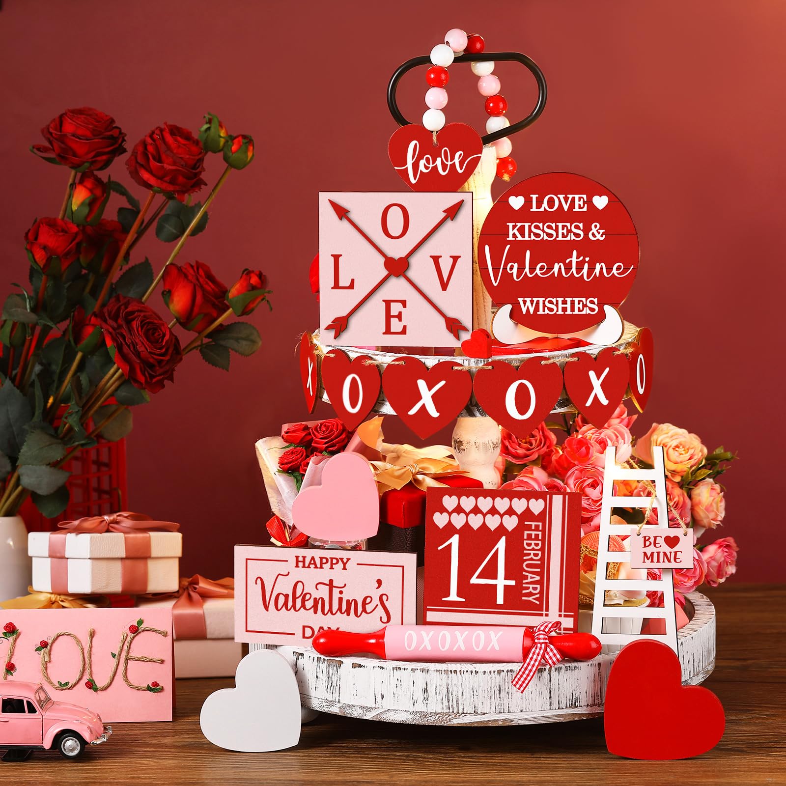 Spiareal 15 Pcs Valentine's Day Tiered Tray Decor Set Red Heart Wooden Signs Valentines Table Decorations Farmhouse Decorative Trays Signs for Home Kitchen Tabletop Valentine's Day Decorations