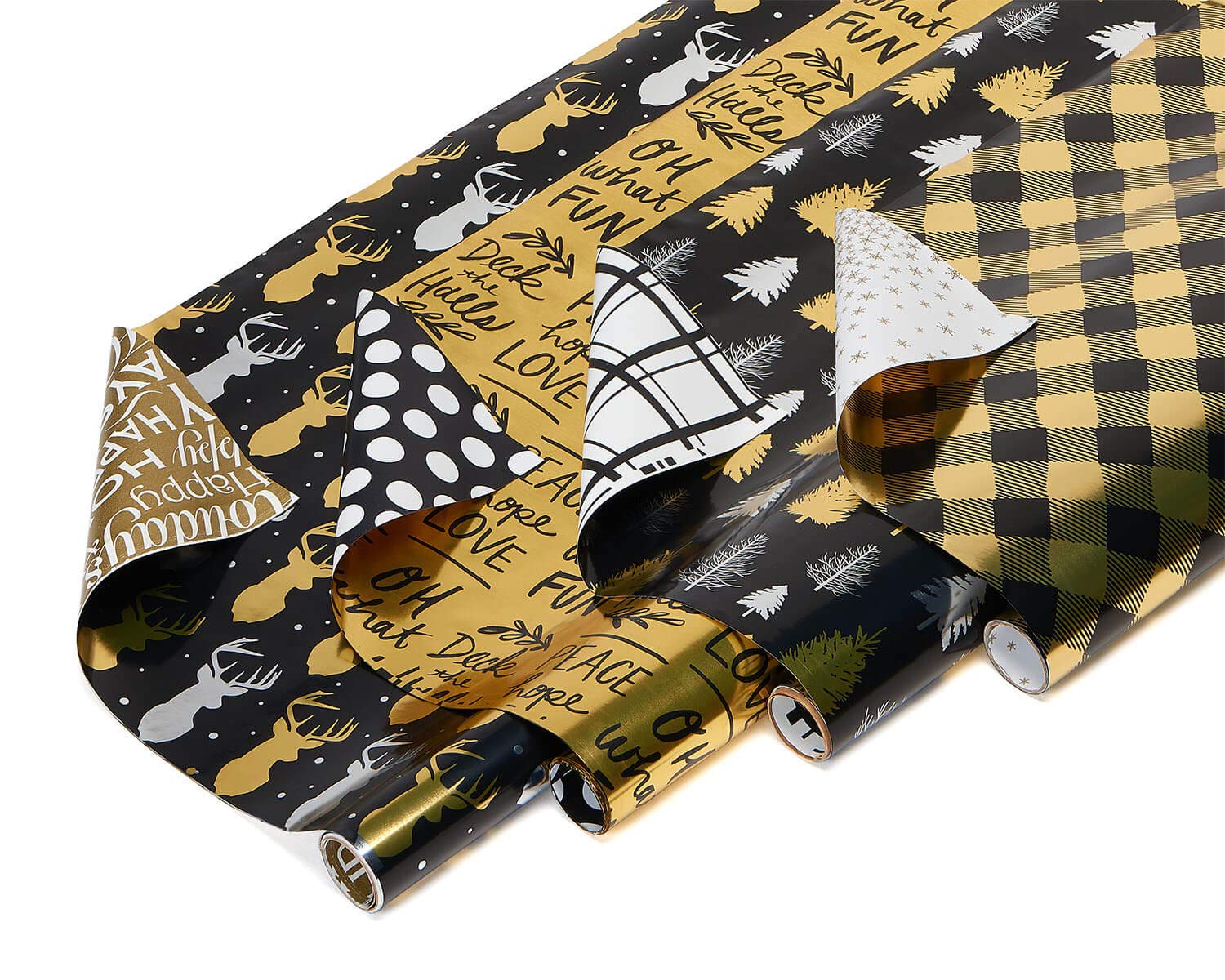 American Greetings Reversible Christmas Foil Wrapping Paper, Black and Gold, Plaid, Trees and Reindeer (4 Pack, 30", 80 sq. ft.)