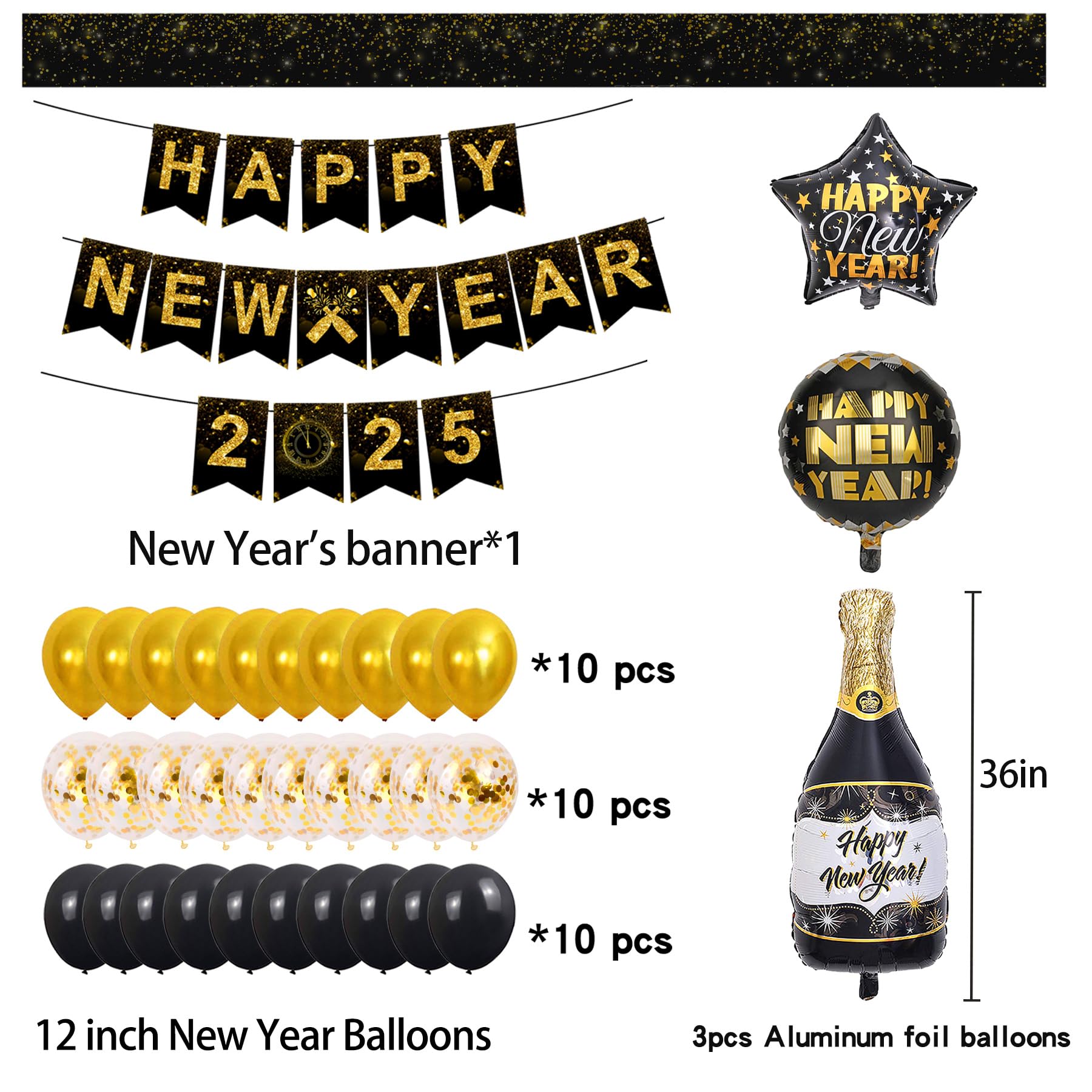 Happy New Year Party Decoration 2025 - Black and Gold Party Balloon Boxes Supplies - Includes Balloon Boxes, Balloon, Light Strings, Banner, Foil Balloon, New Years Eve Decor Kit