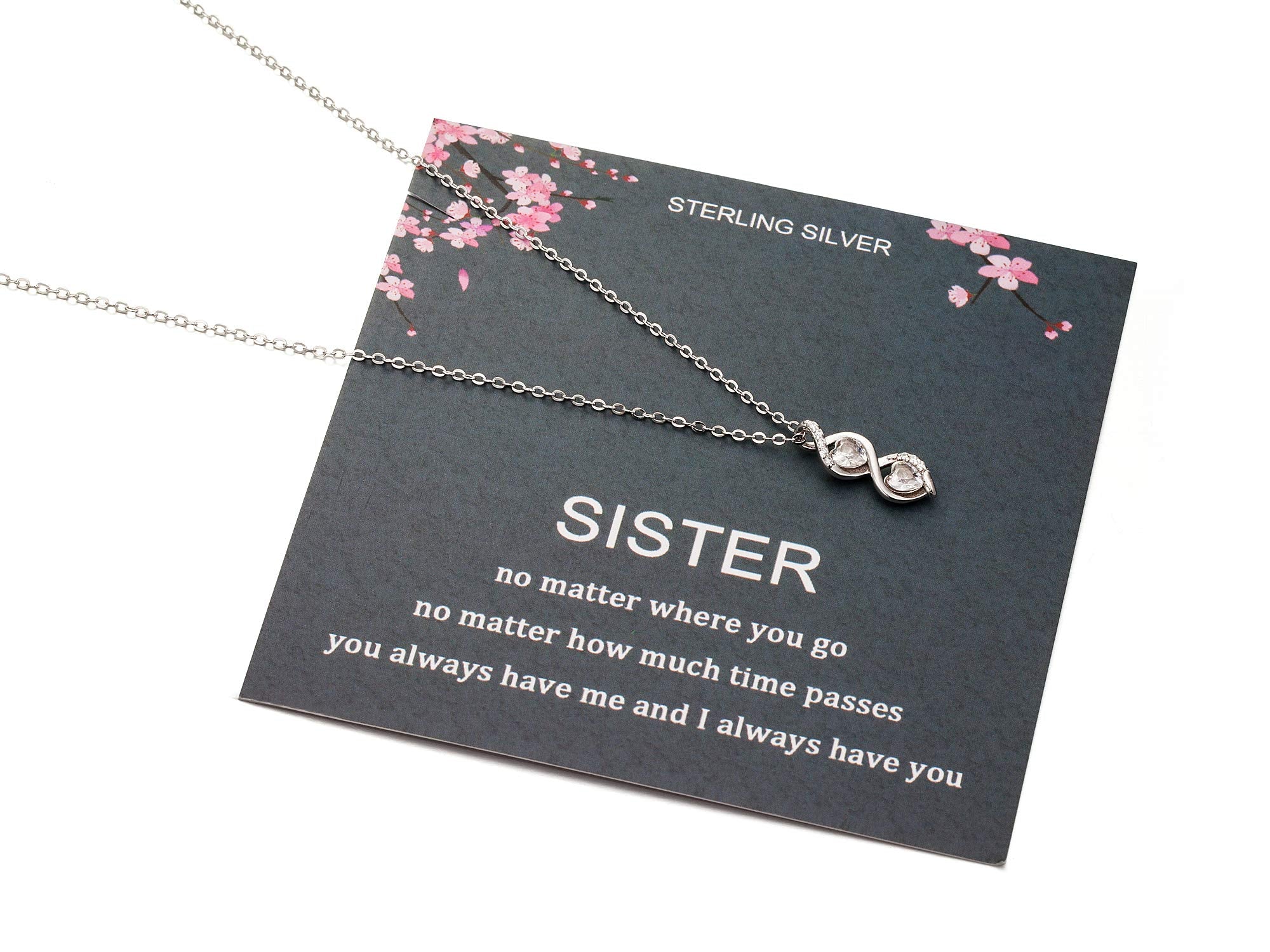 Sister Gifts from Sister, Sterling Silver Infinite Two Interlocking Infinity Double Hearts Necklace, Birthday Jewelry Gift Necklaces for Sisters, No Matter