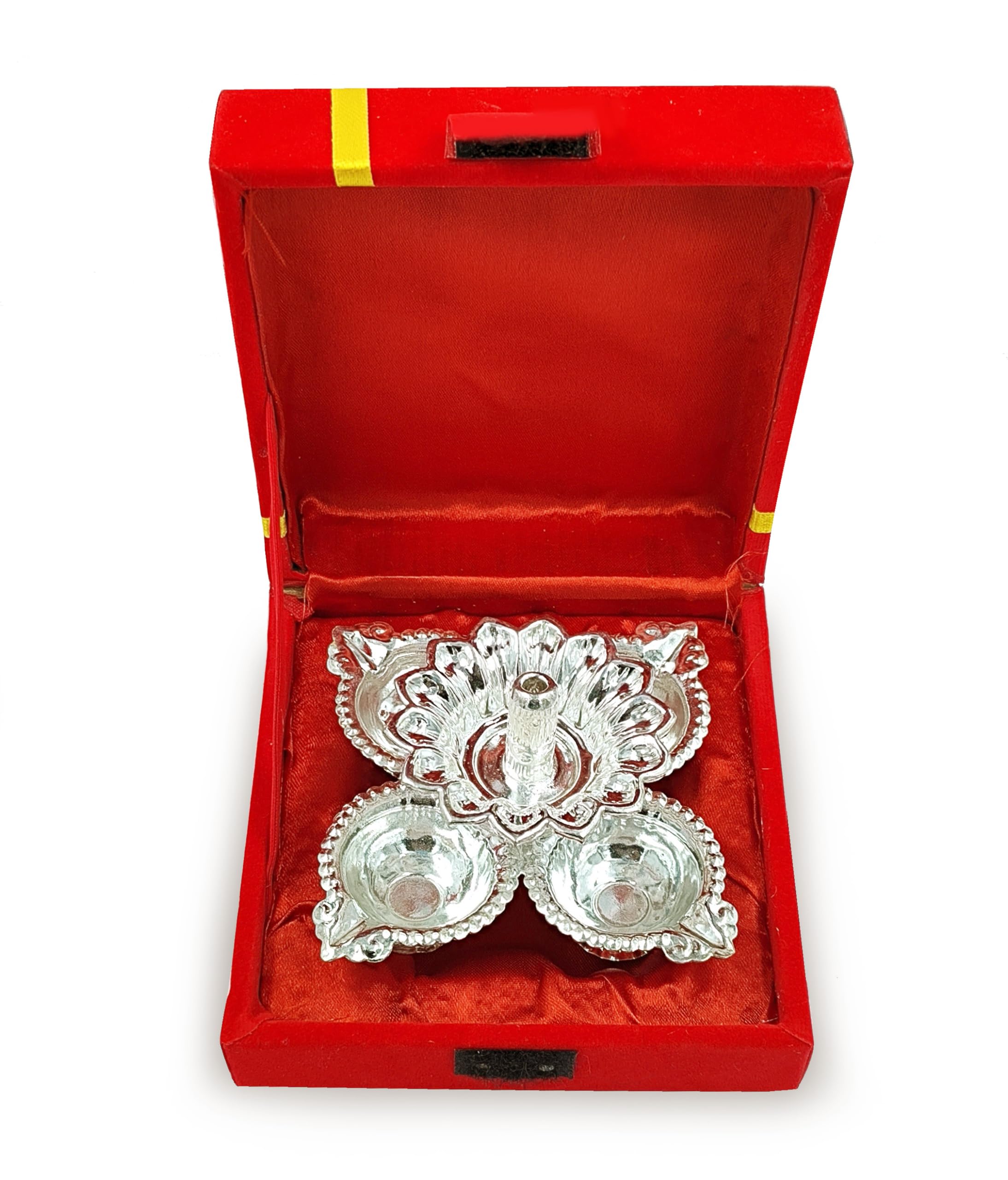 NOBILITY Silver Plated Diya with Red Velvet Gift Box Panchmukhi Dia Pooja Items Diwali Decoration Puja Gifts Handmade Oil Lamp Traditional Indian Deepawali Gift Items 6 Sets