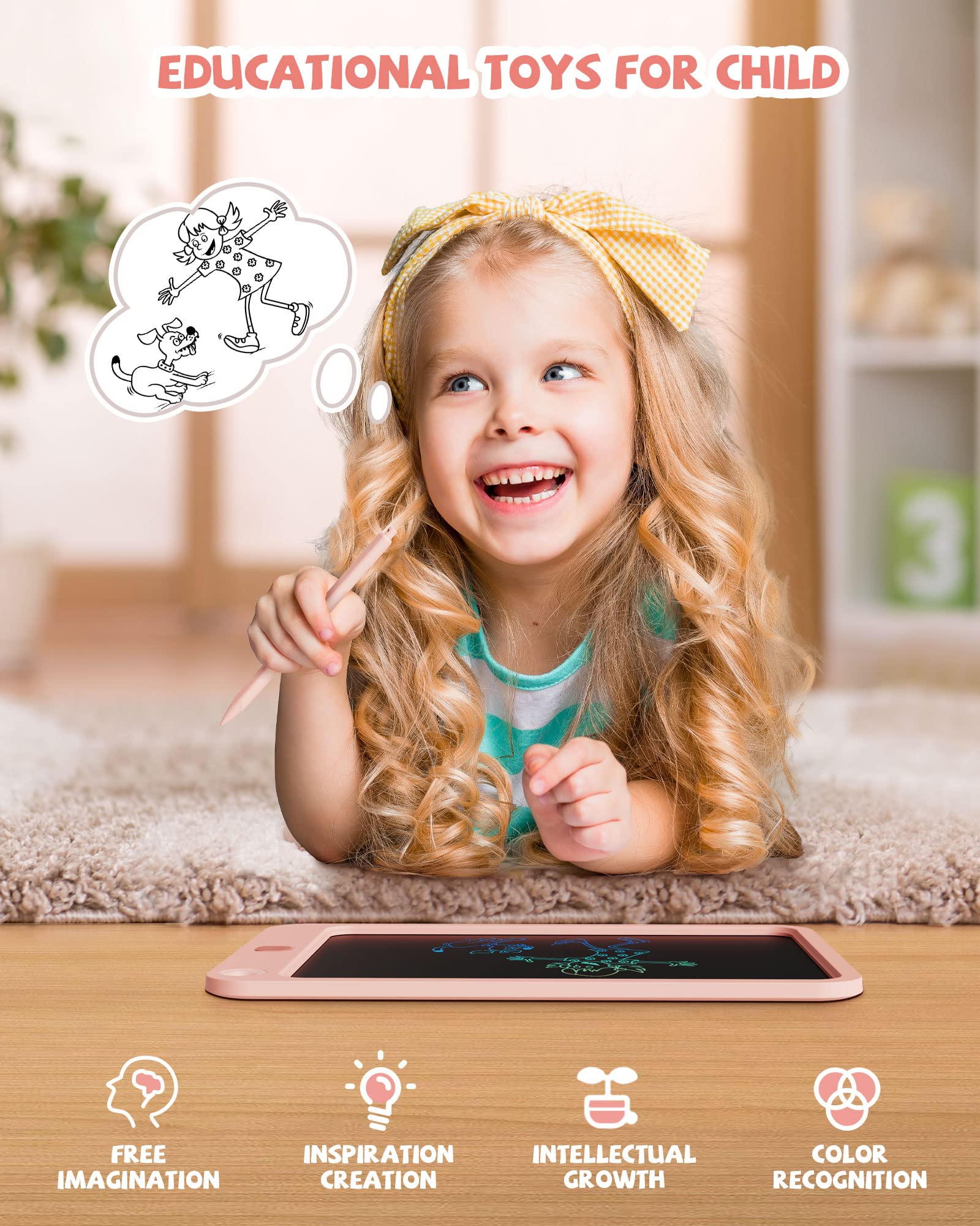 LCD Writing Tablet 10 Inch, Toys for 3 4 5 6 7 8 9 10 Year Old Boys Girls, Colorful Doodle Board Drawing Tablet, Gift for Boys Toddlers Age 3-12 Years, Memo Board, Drawing Pads with Lanyard (Pink)