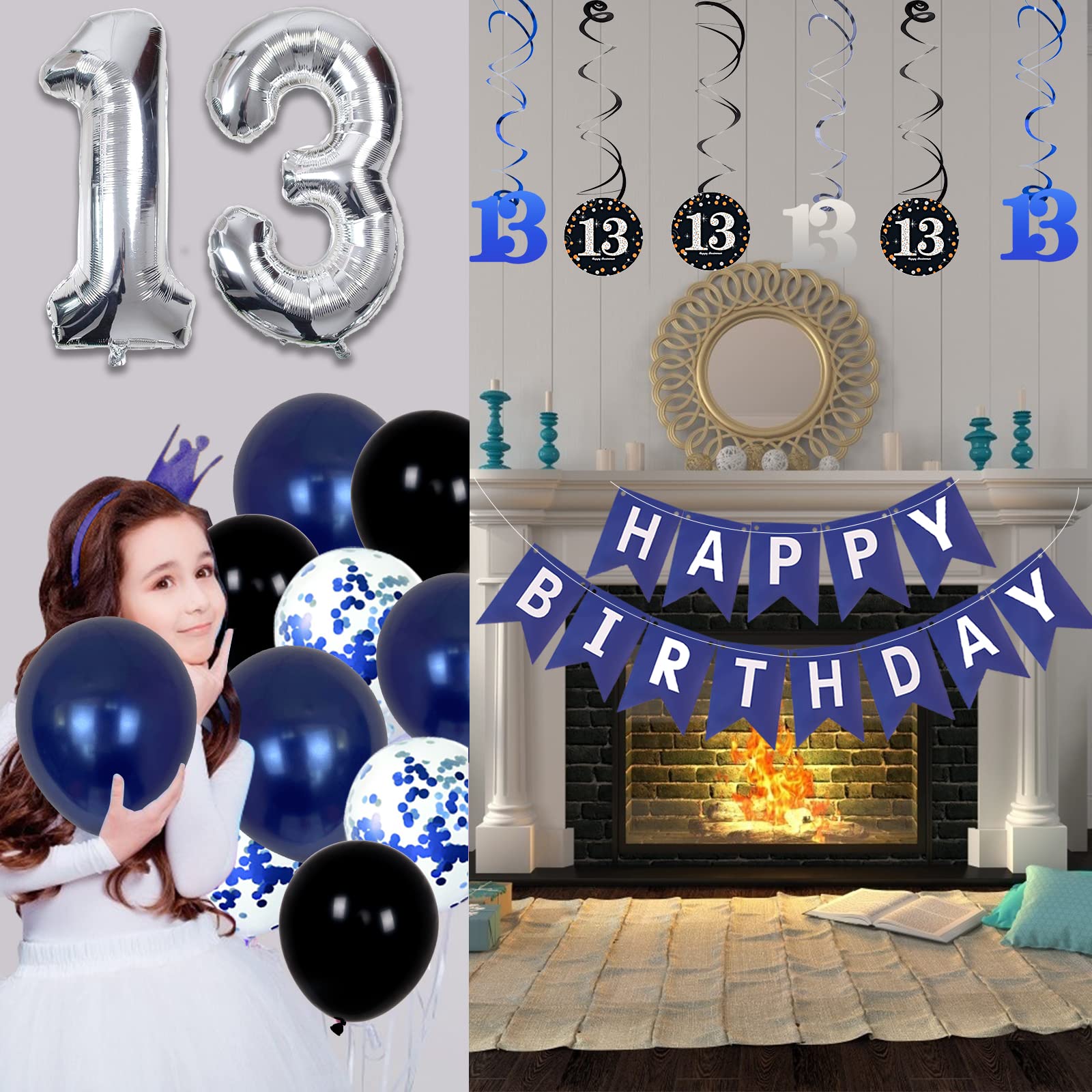 13th Birthday Decorations for Boys Dark Blue, HAPPY BIRTHDAY Banner and Silver Number 13 Balloons, Deep Blue Theme Party for Girls - 13 Years Old Birthday Party Supplies Kit for Teenager and Kids