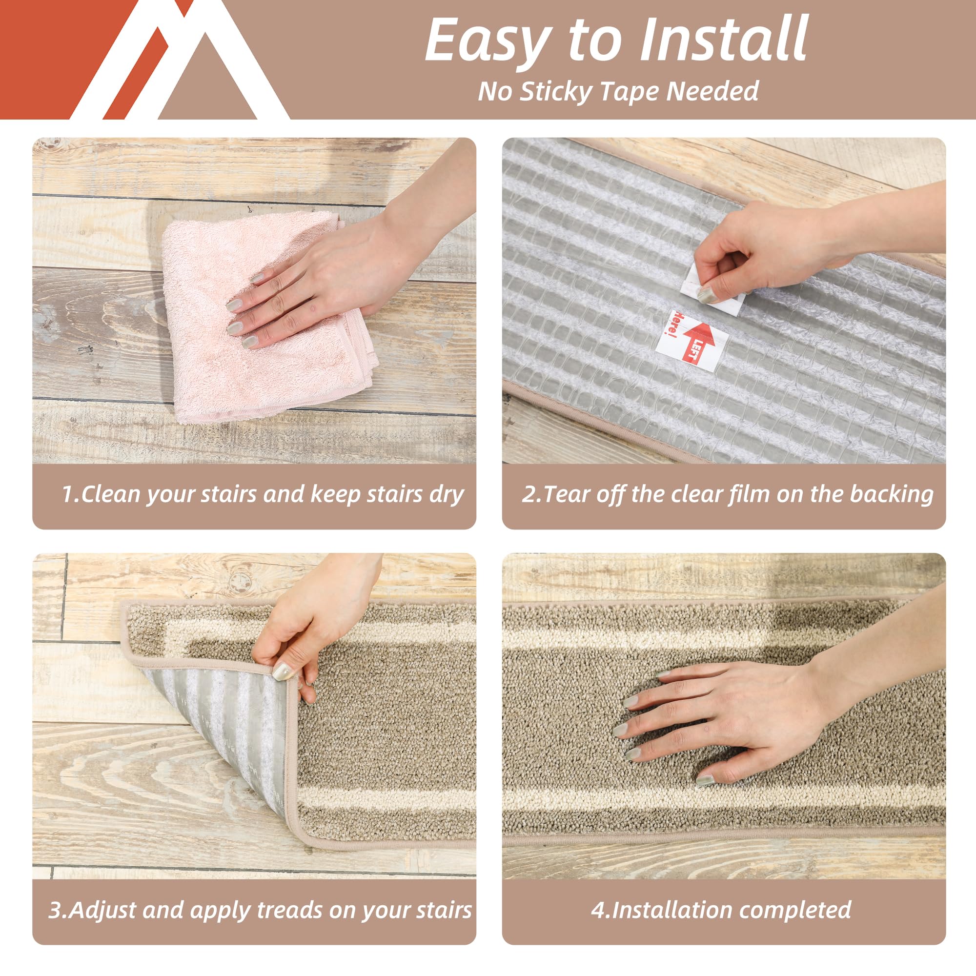 COSY HOMEER Soft Stair Treads 15pcs Non-Slip Carpet Mat 28inX9in Indoor Stair Runners for Wooden Steps,Stair Rugs for Kids and Dogs, 100% Polyester TPE Backing Beige,Square