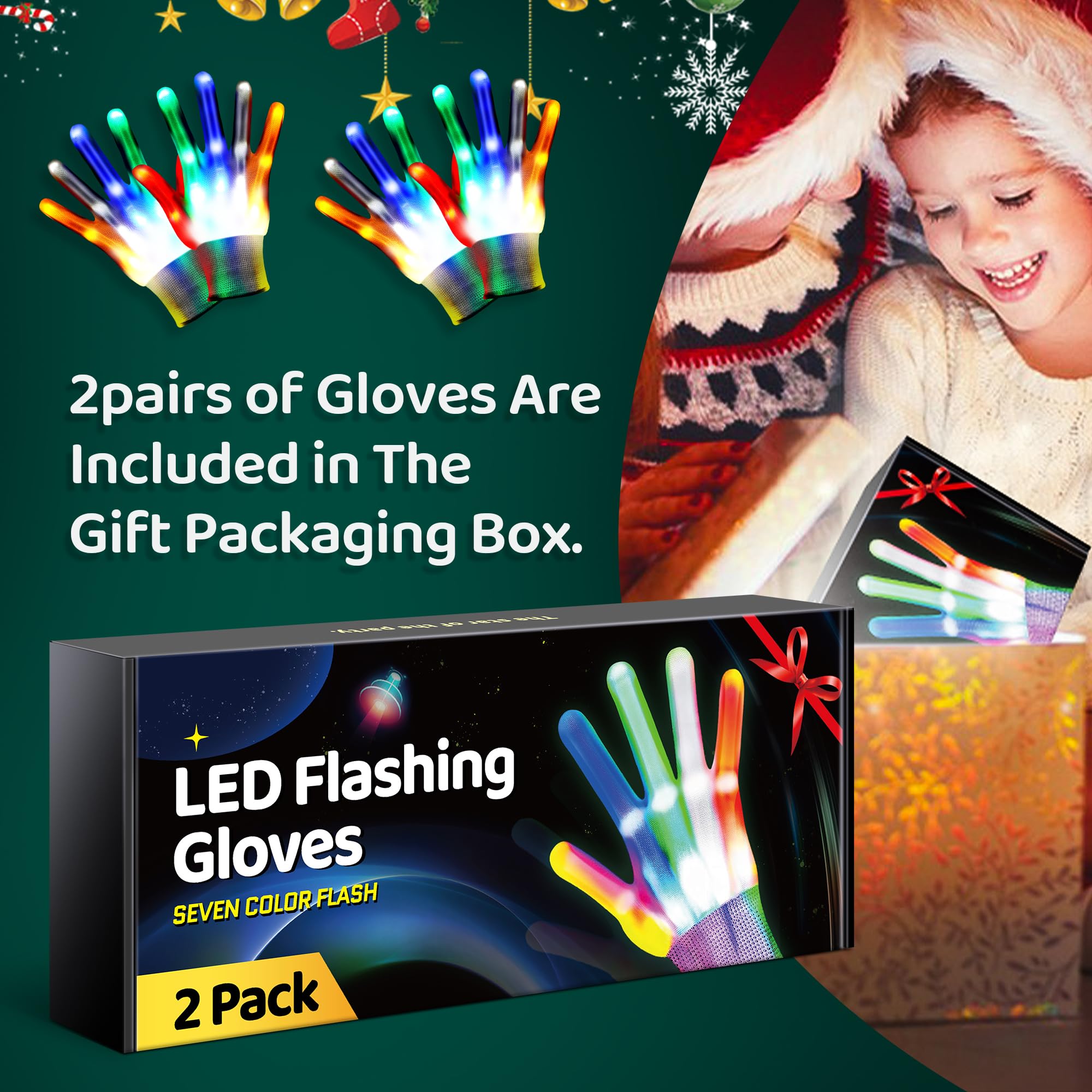 2 Pair LED Gloves Light Up Gloves for Kids with 6 Flash Modes, Gifts for 3 4 5 6 7 8 9 10 11 12 Year Old Boys Girls for Birthdays Party Halloween Christmas Toys for 3-12 Year Old Boys Girls S