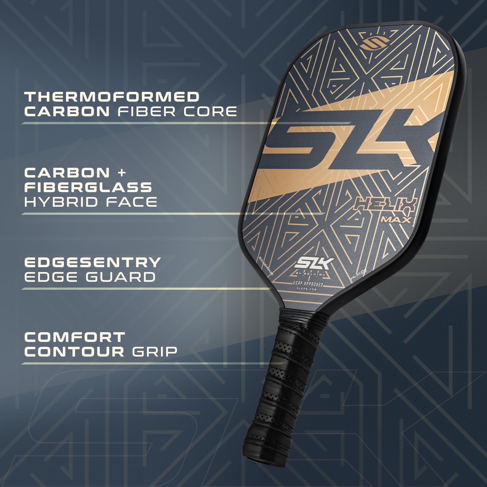 2024 SLK Helix Pro Pickleball Paddle | Carbon Fiber & Fiberglass Hybrid Face | Thermoformed Carbon Fiber Core | Unmatched Control | Gold Maze