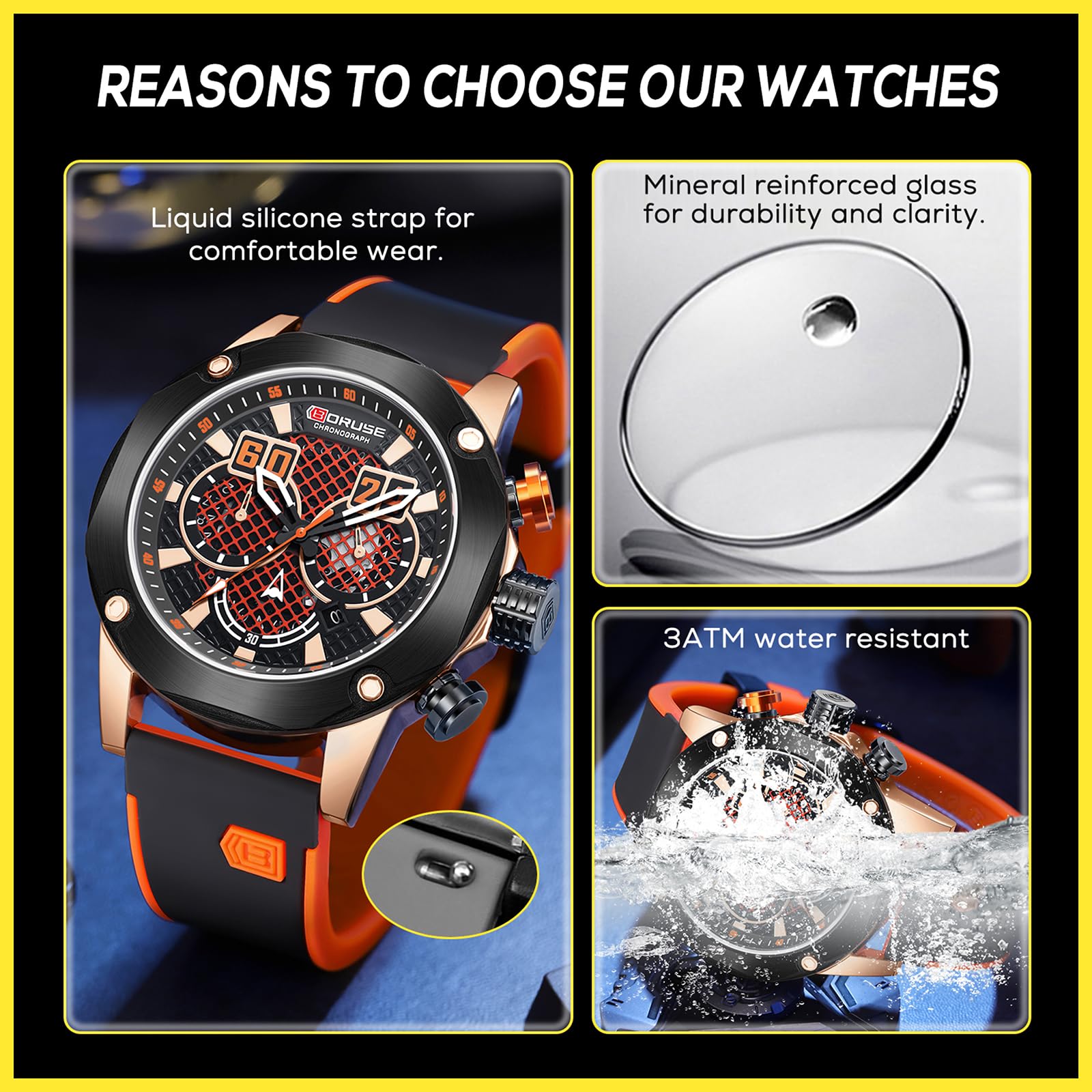 BORUSE Big Face Mens Watches Sport Chronograph Waterproof Quartz Watch Luxury Casual Silicone Strap Analog Skeleton Hollow Men Wrist Watch