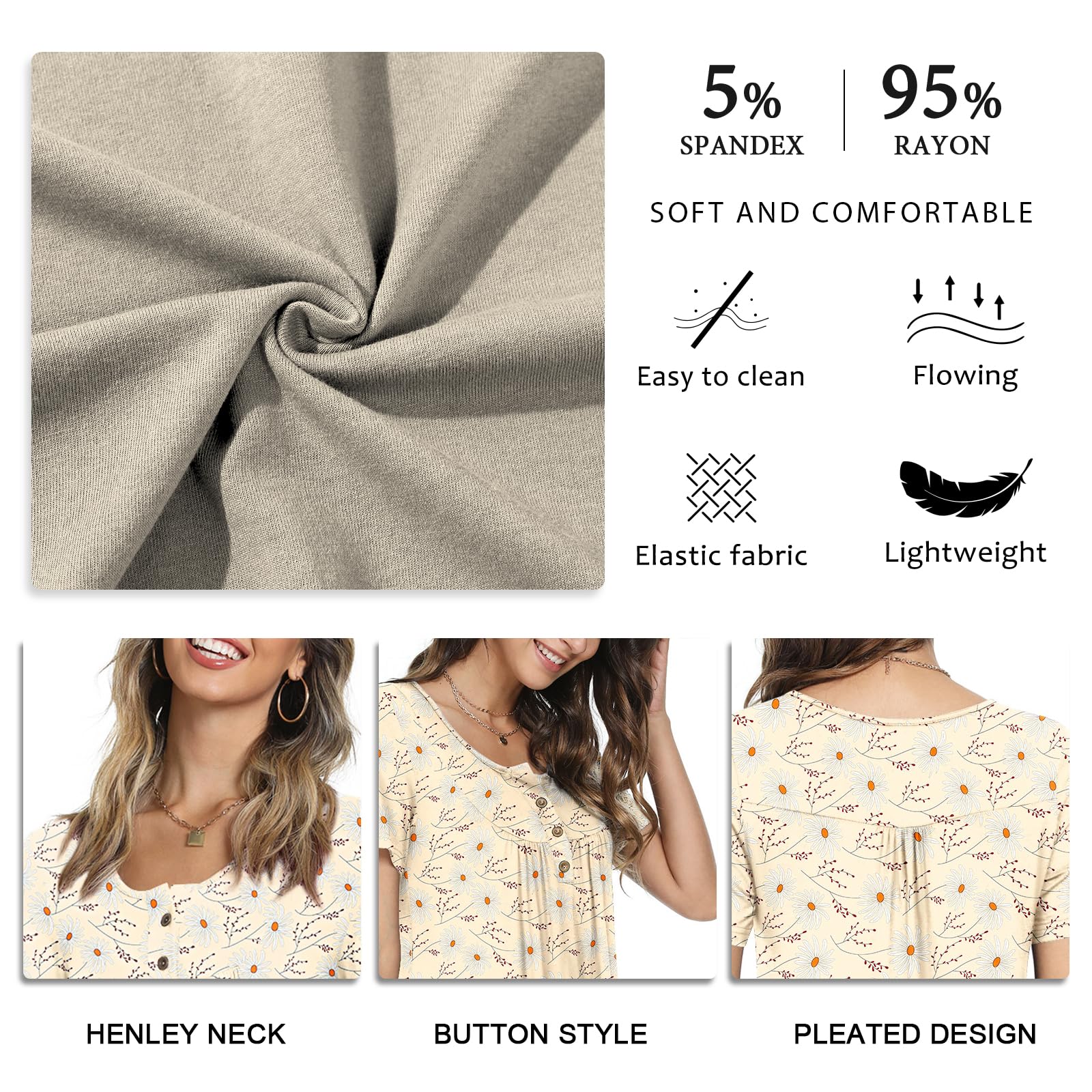 POPYOUNG Women's Plus Size Summer Tunic Tops Short Sleeve Henley Shirts Ladies Flowy Blouses M-4XL 2XL, white Chrysanthemum