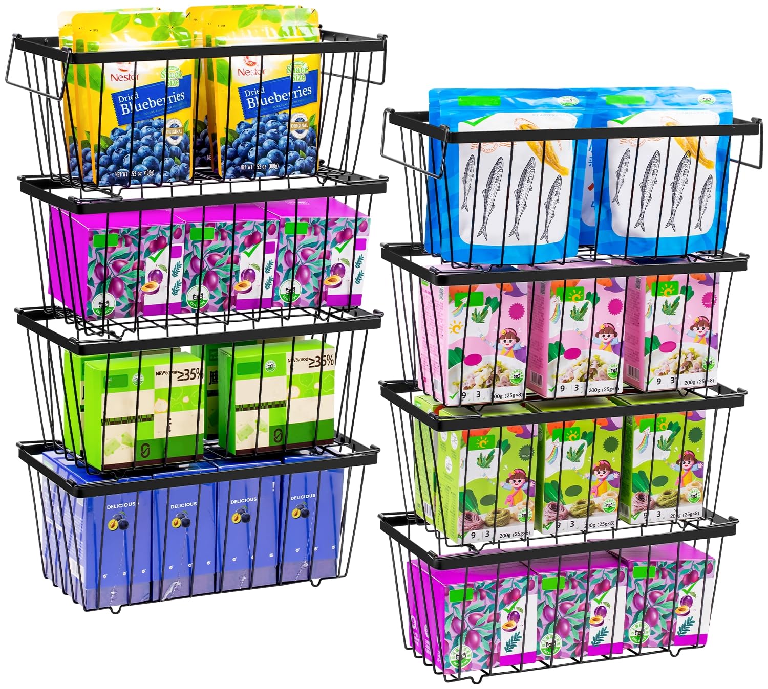 Wetheny Freezer Organizer Bins With Side Handle -8 Pack Stackable Chest Freezer Organizer for 7 Cu.FT - Deep Freezer Sort Frozen Food Wire Metal Basket Storage Bins Rack (Black)