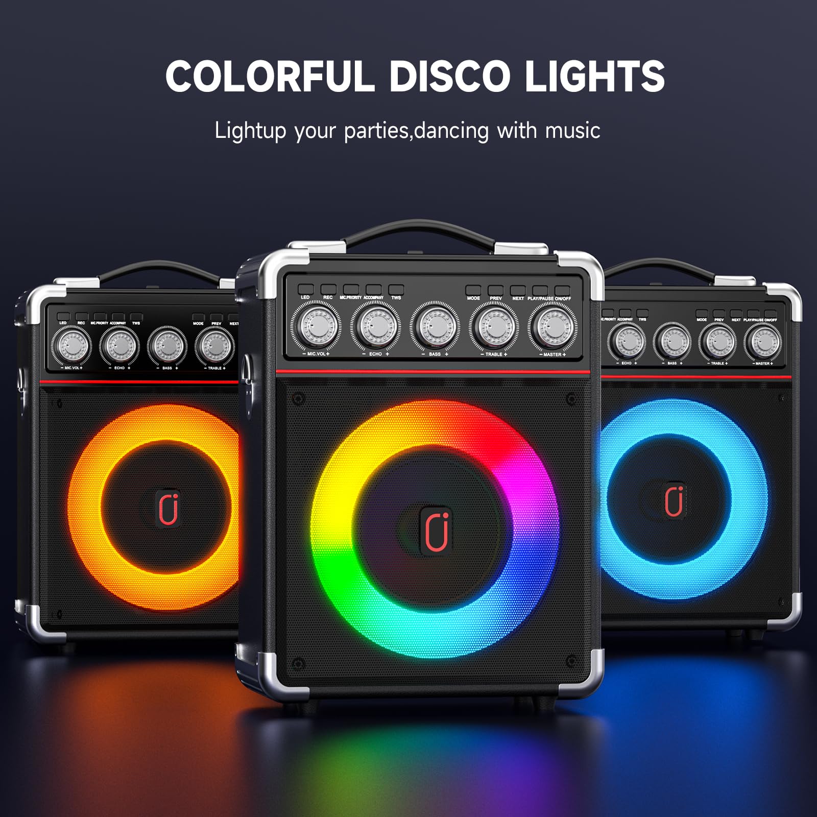 Karaoke Machine with 2 Microphones: HWWR Portable Karaoke Machine for Adults Kids, Bluetooth Karaoke Speaker with Bass/Treble Adjustment, PA System with Remote Control/LED Lights, Support REC/USB/AUX