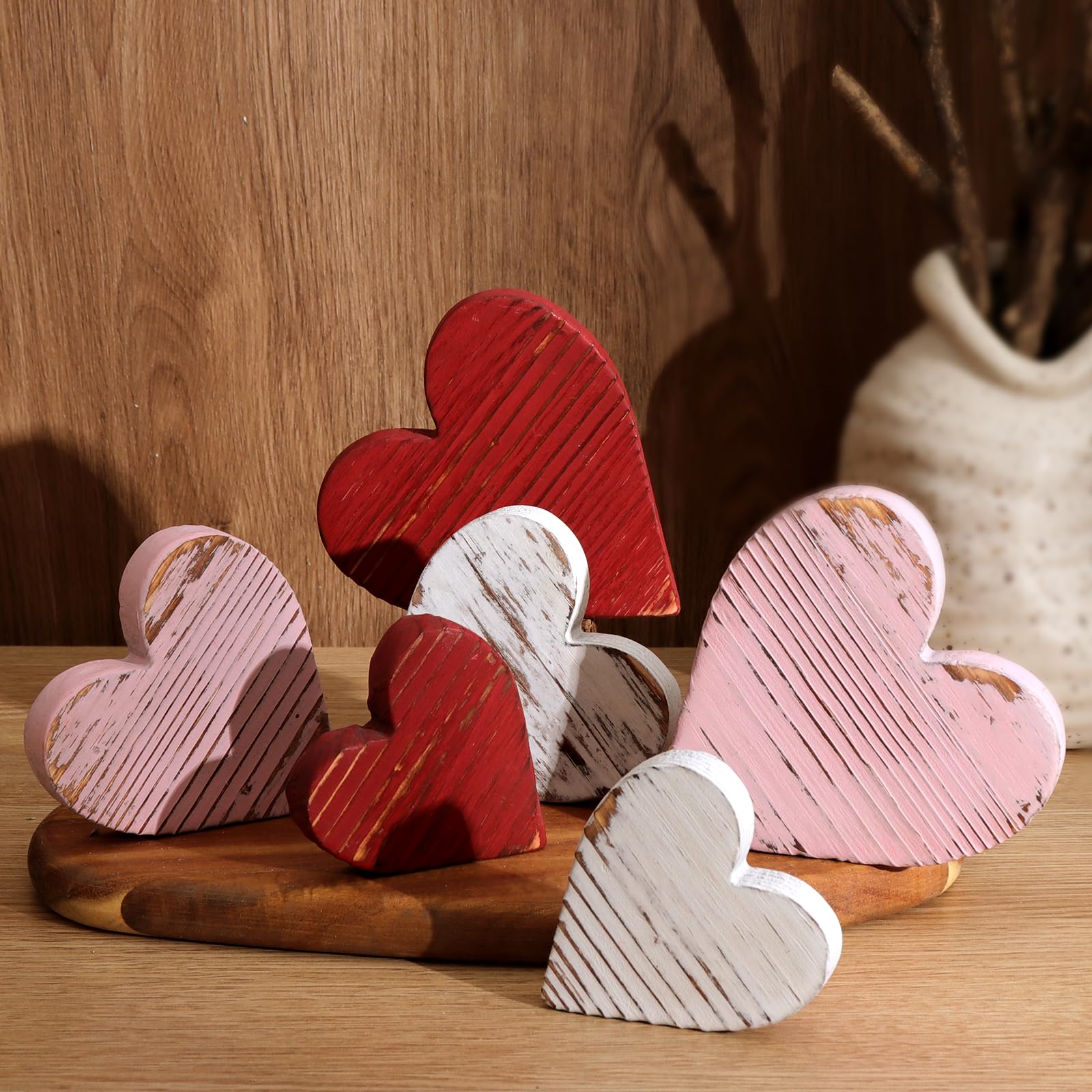 Valentines Day Tiered Tray Decor: 6pcs Red Pink & White Farmhouse Distressed Wood Heart Table Decorations Sign, Vintage Valentines Decorations for the Home Table Décor Anniversary Couple, Rustic Style