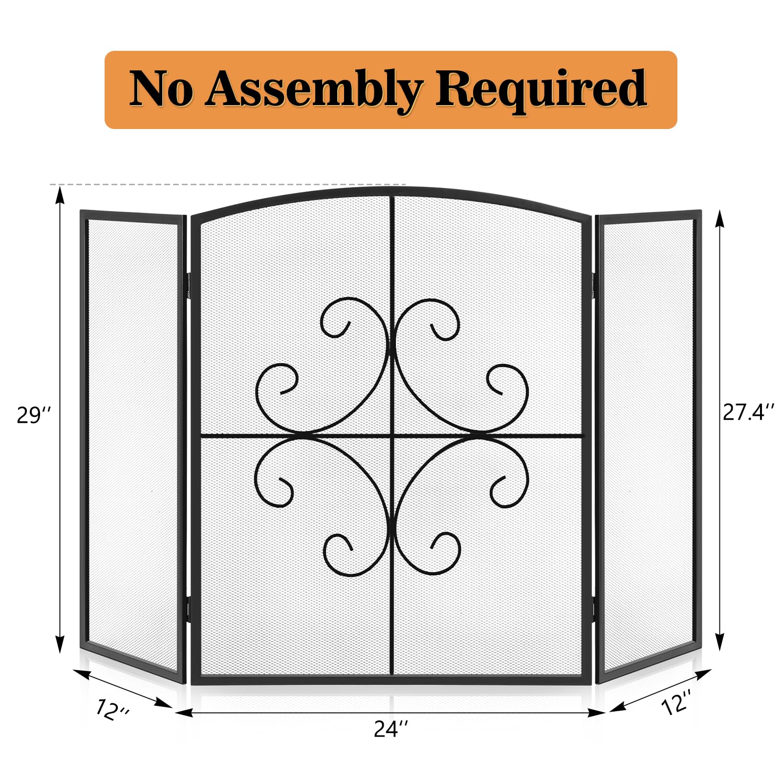 Gtongoko 3 Panel Fireplace Screen 48" W x 29" H Wrought Iron Decorative Fire Spark Guard Grate for Living Room Home Decor - Black