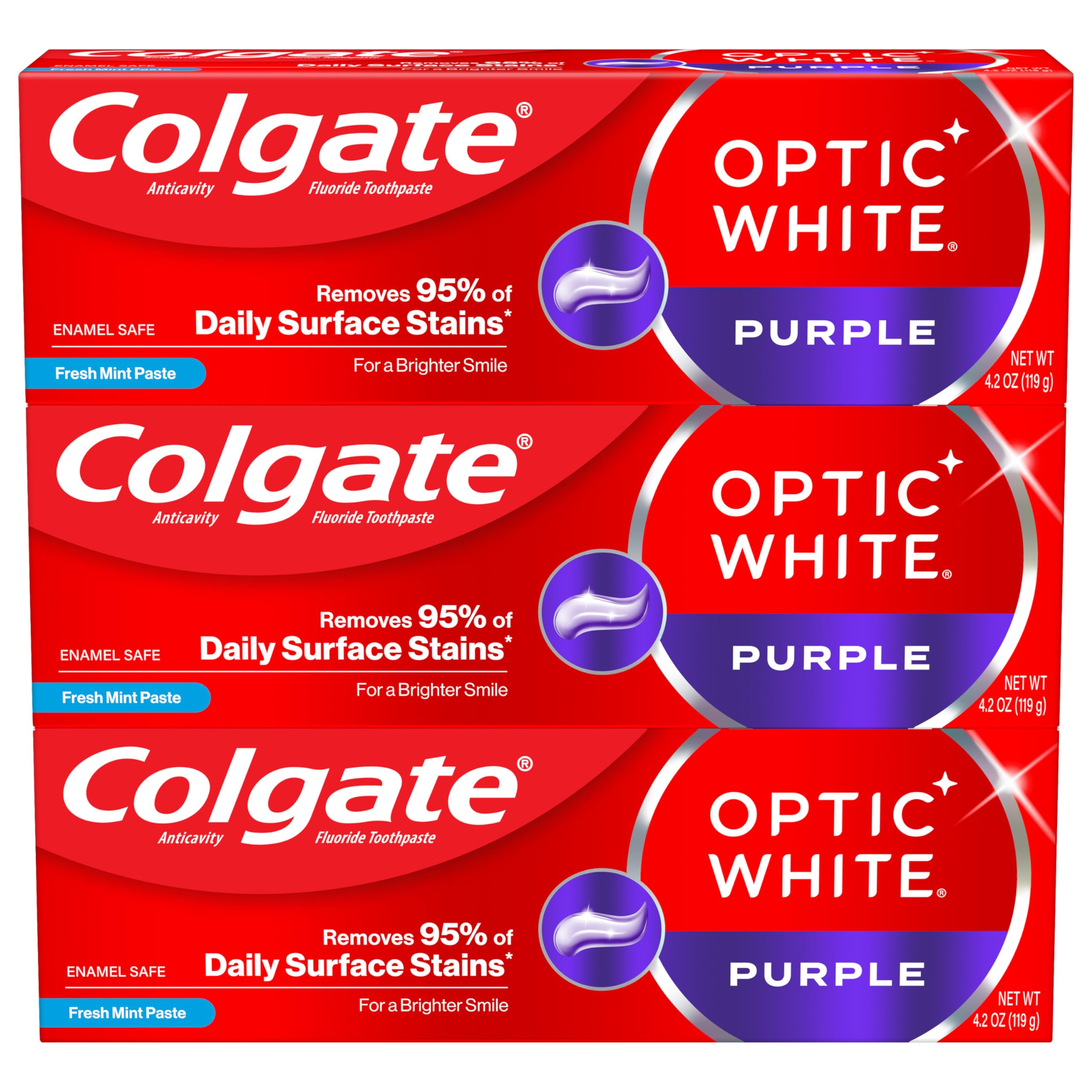 Colgate Optic White Purple Toothpaste for Teeth Whitening, Teeth Whitening Toothpaste with Fluoride, Helps Remove Surface Stains and Polishes Teeth, Enamel-Safe for Daily Use, Mint, 3 Pack, 4.2 oz