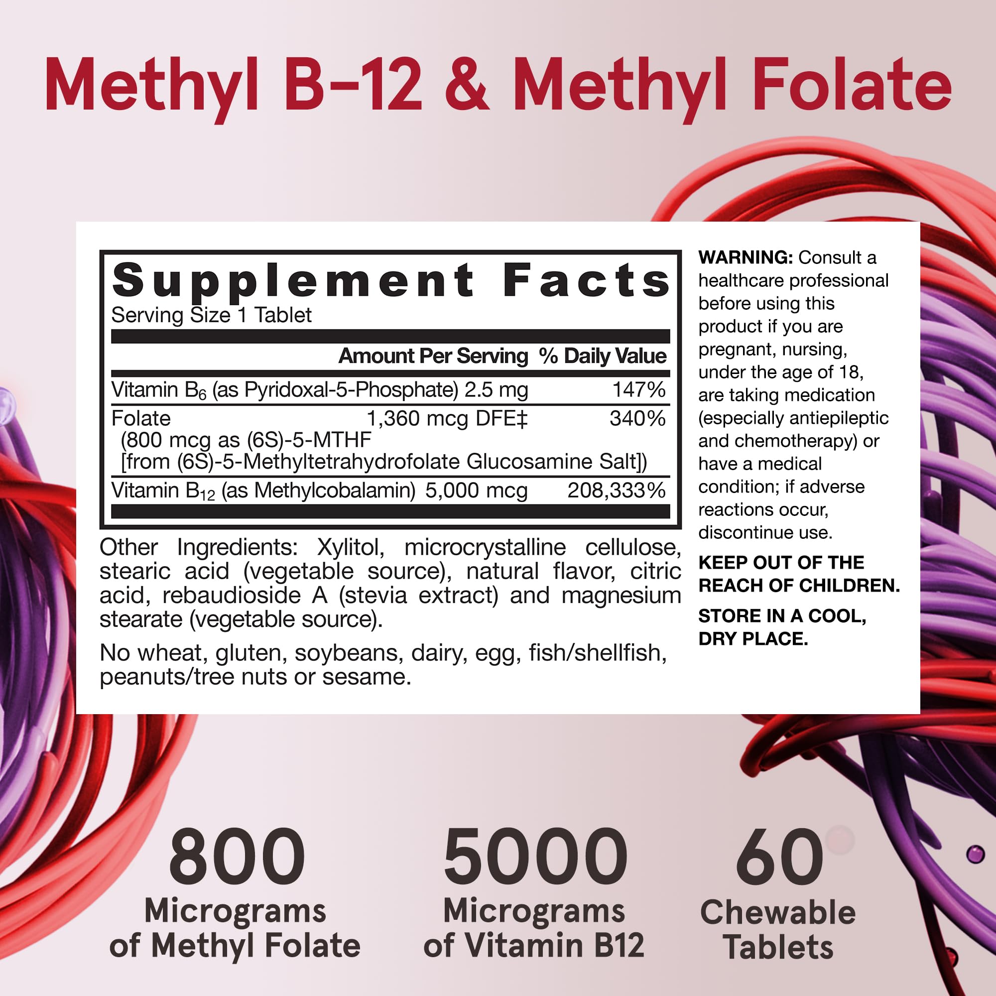 Jarrow Formulas Ultra Strength Methyl B-12 5000 mcg & Methyl Folate 800 mcg + P-5-P, Dietary Supplement for Cellular Energy Metabolism and Cardiovascular Support, 60 Chewable Tablets, 60 Day Supply