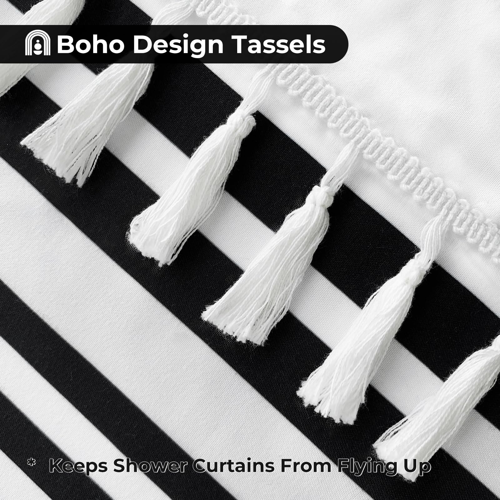 Seasonwood Black and White Shower Curtain with Tassels,Farmhouse Fabric for Bathroom,Heavy Weighted, 72 x 72