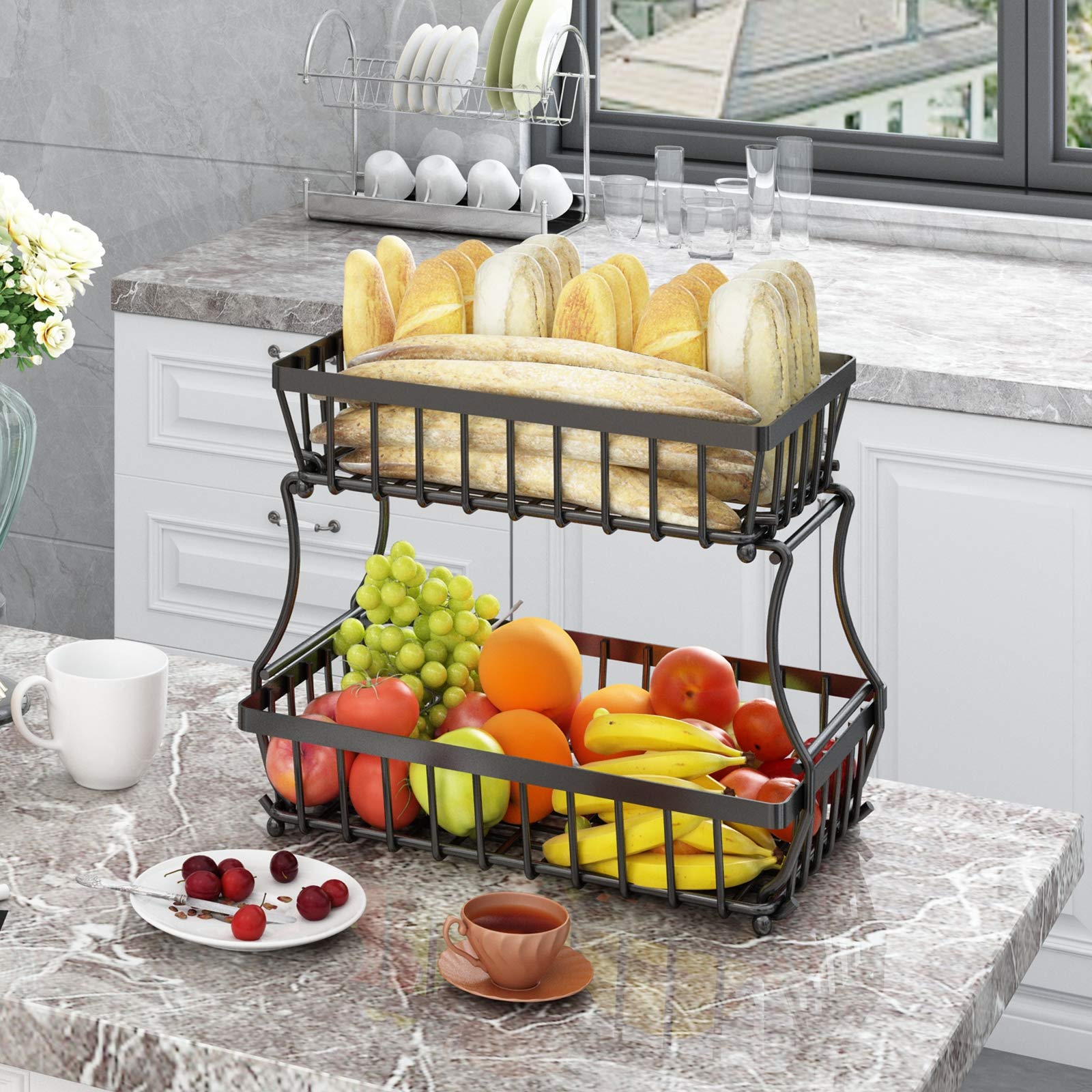 Apsan 2 Tier Fruit Basket, Countertop Fruit Vegetable Basket Bowl for Kitchen Counter, Detachable Metal Wire Storage Basket Fruits Stand Holder Organizer for Bread Snack Veggies Produce,Black