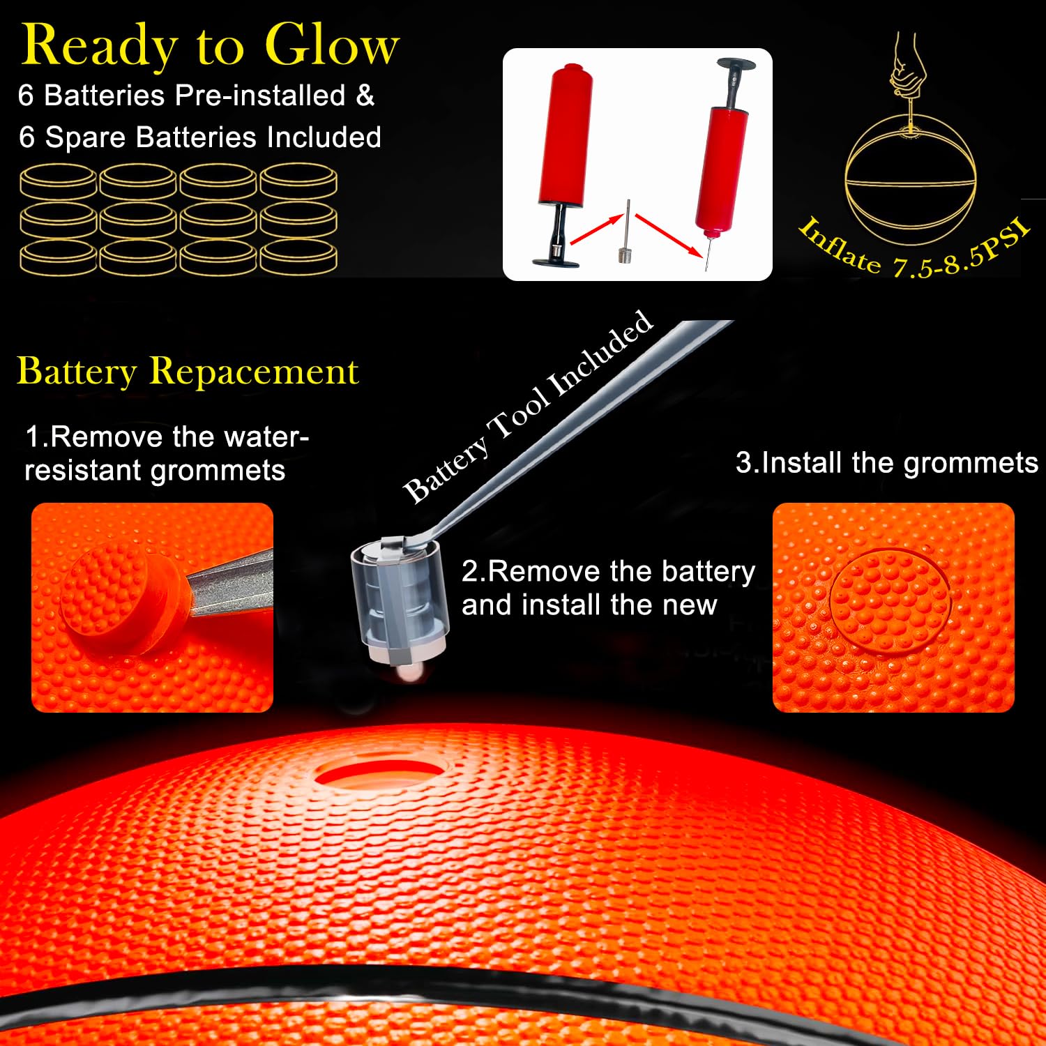 Glow in the Dark Basketball with 2 LED Lights, Size 7 (29.5"), Impact Activated Light Up Basketball for Teen Boys 8-15 Year Old, Indoor Outdoor Youth Basketball Toys Gifts Includes 12 Batteries