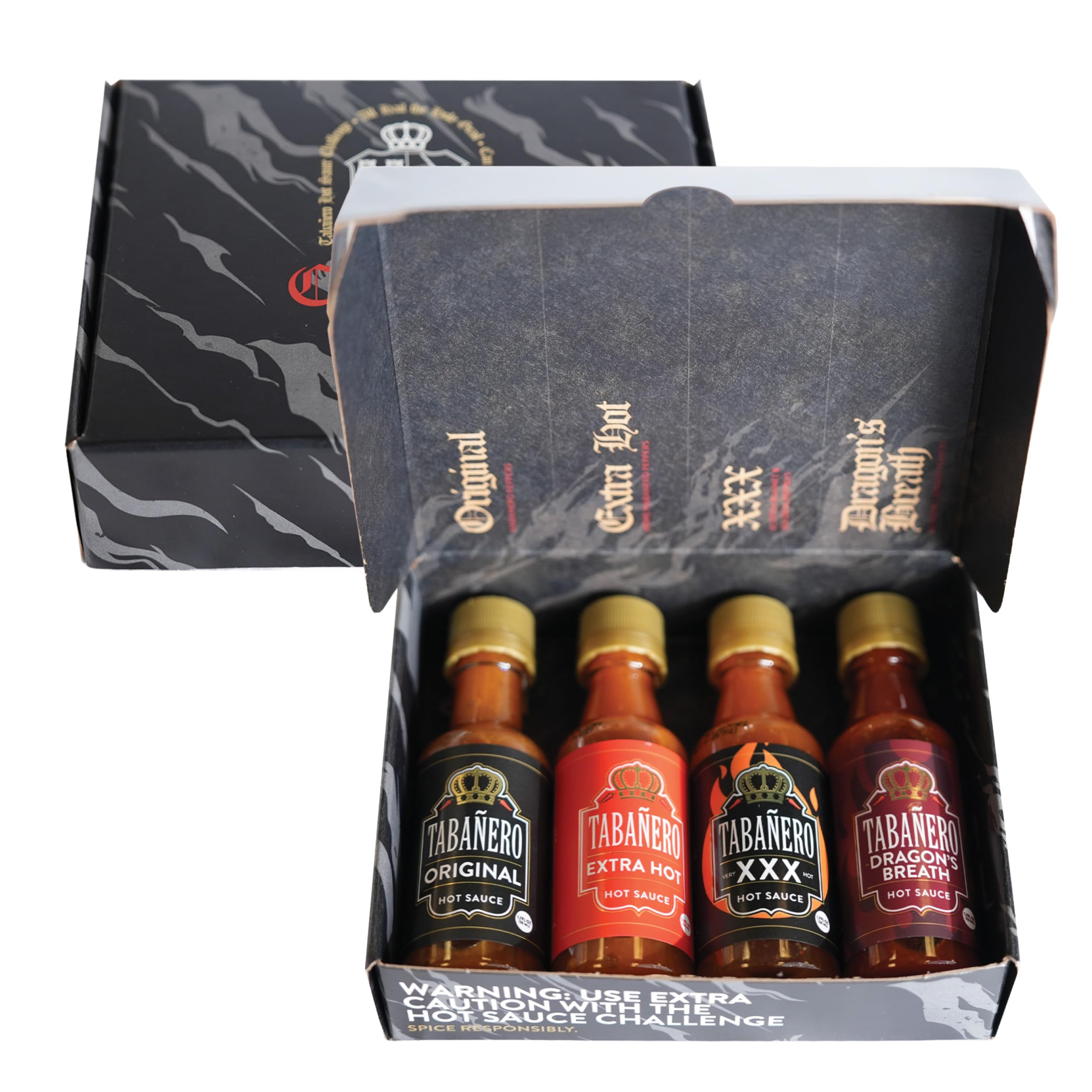 Tabañero Challenge Box, Hot Sauce Gift Set, 4 Pack, Original, Extra, XXX Hot and Dragon's Breath, 1.7 oz Mini Glass Bottles, Gluten Free, All Natural, Low Sodium, Vegan, Kosher, Made in the USA, Easter Gifts for Men