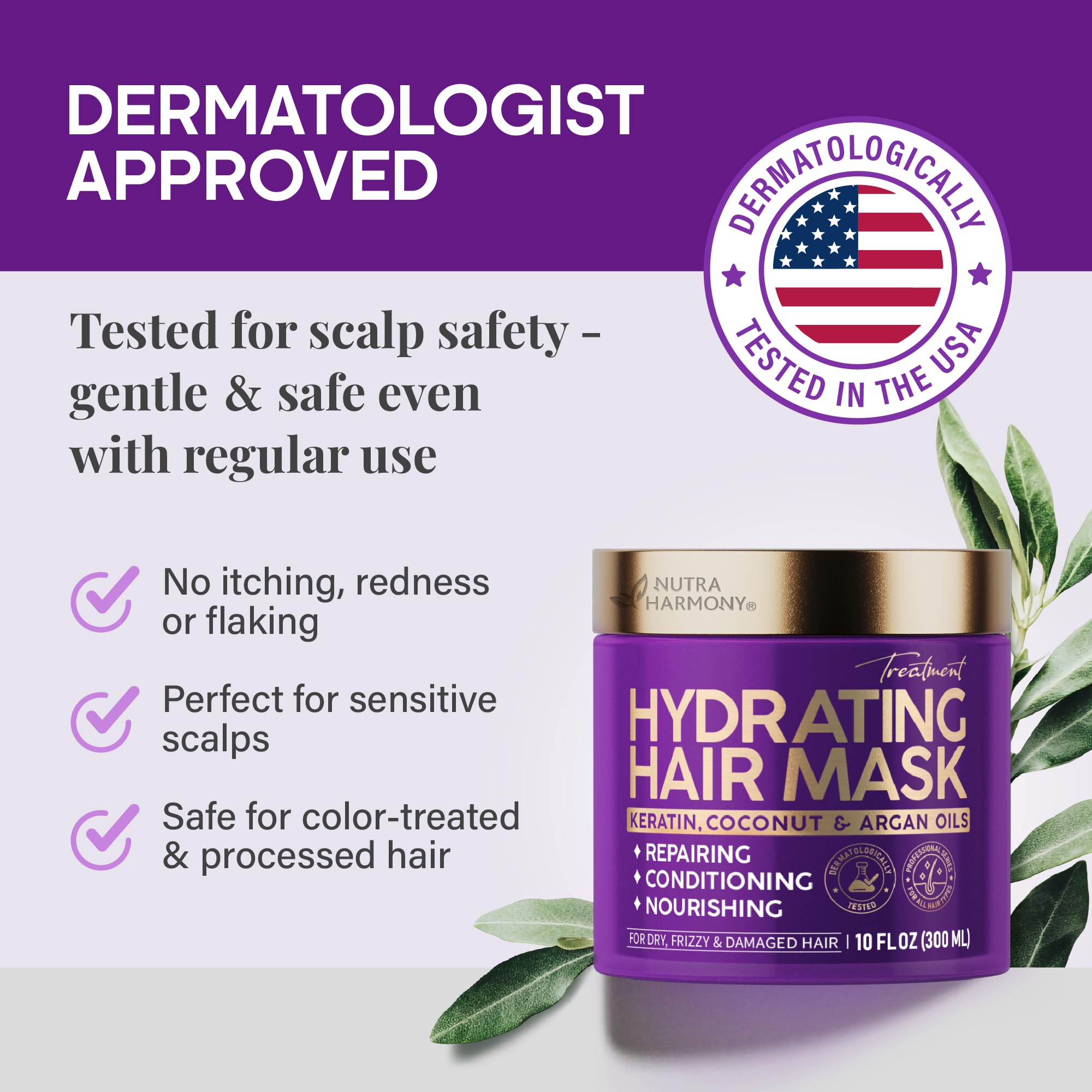Hydrating Hair Mask for Damaged & Dry Hair – Deep Conditioning Keratin Treatment for Frizzy, Curly & Color-Treated – Anti-Frizz & Split Ends Repair with Collagen, Biotin, Argan & Coconut Oils – 10 oz