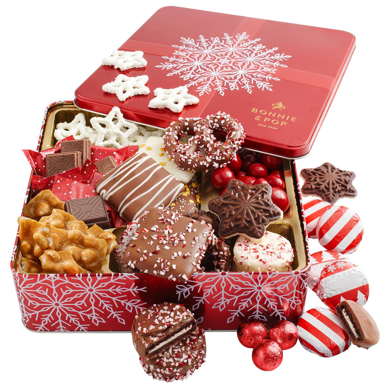 Bonnie and Pop's Holiday Tin- with Assorted Christmas Chocolate, Cookies, Pretzels – Festive, Corporate, Family, Gift Basket Idea for Men and Women (Extra Large)