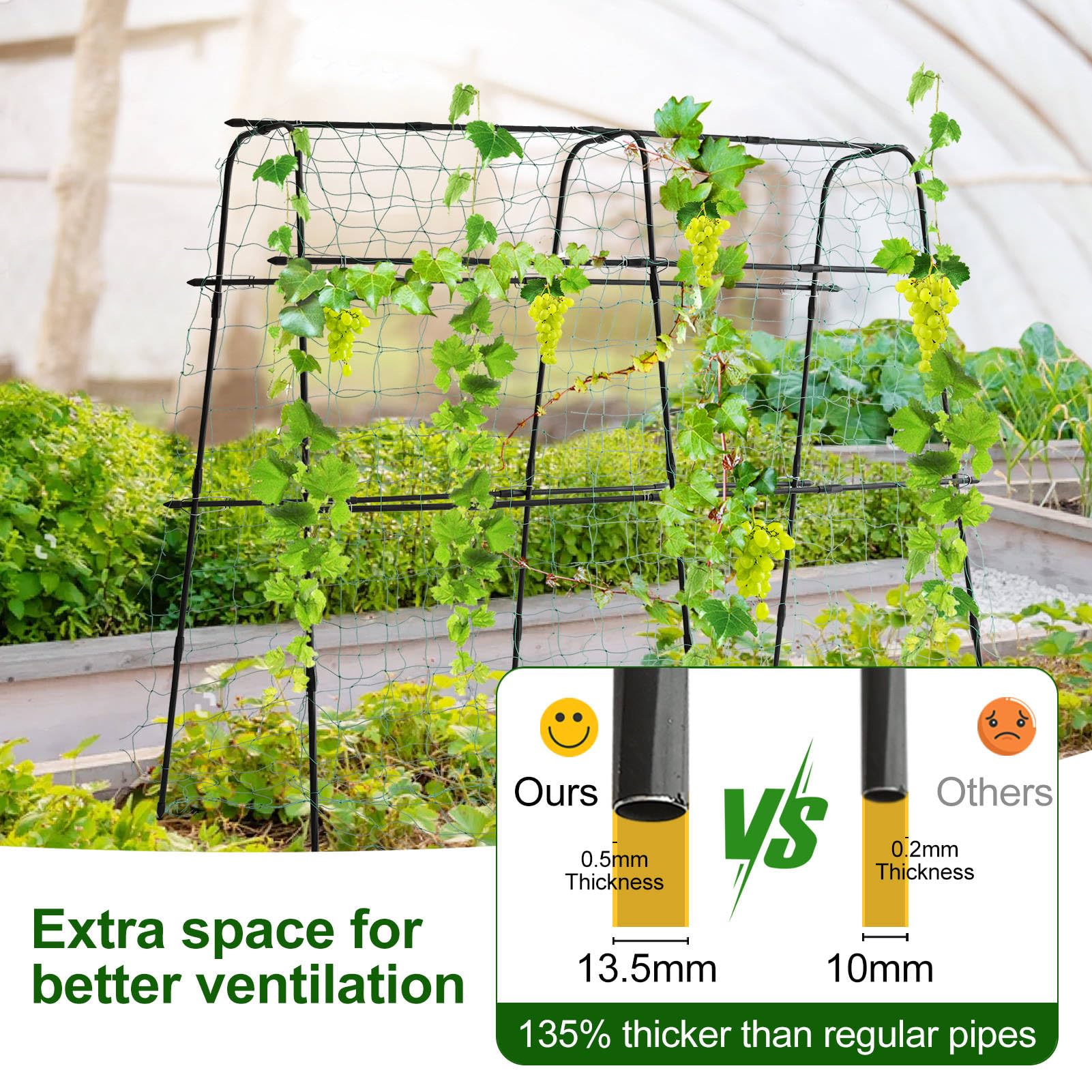 Garden Trellis for Climbing Plants Outdoor | Metal Plant Support for Outdoor Vegetables/Fruits/Flowers Vines | Large Garden Arch Cucumber Trellis with Nylon Garden Netting, 63" Hx 63" L, Black