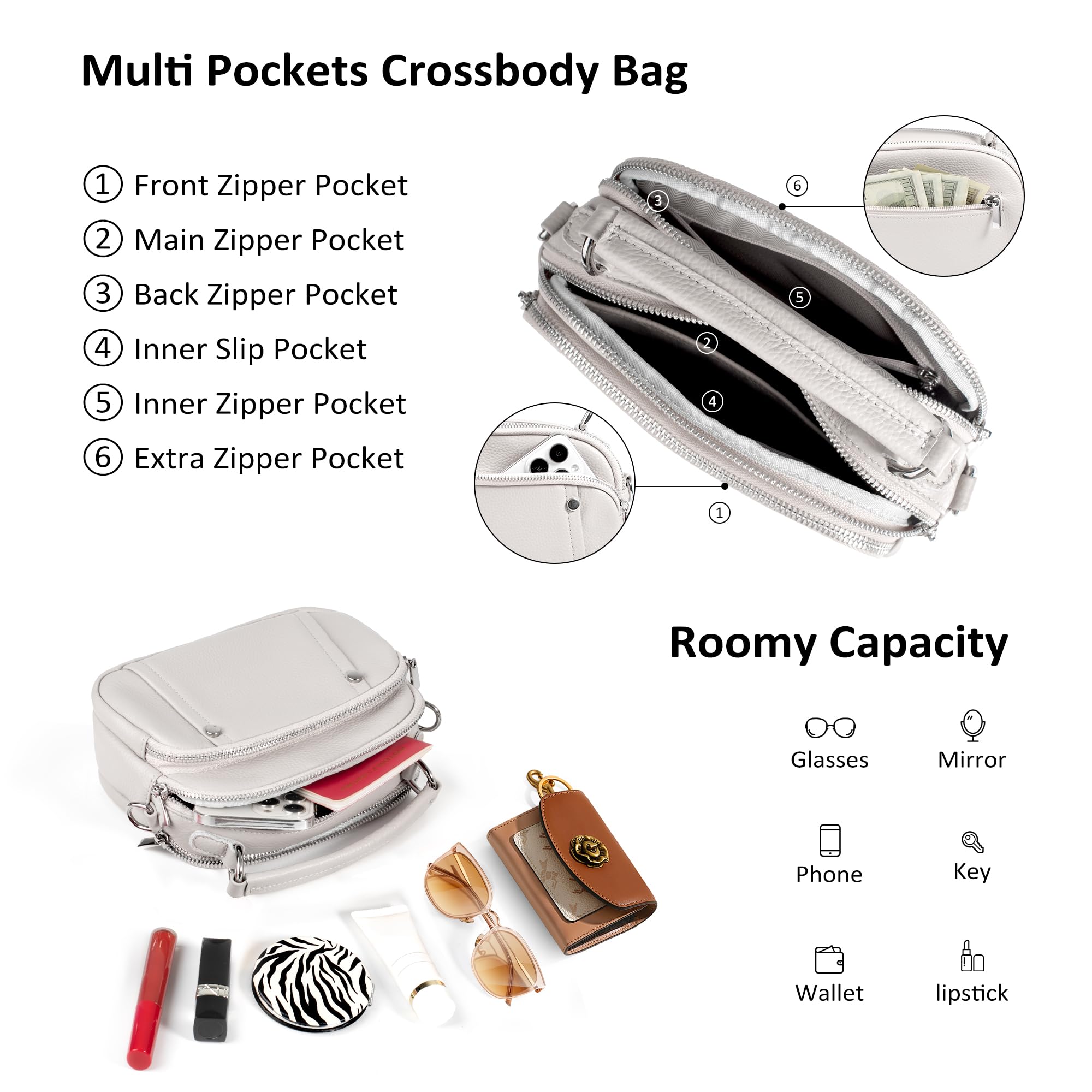 befen Genuine Leather Small Crossbody Purses Bag for Women, Women's Triple Zip Satchel Shoulder Bags Handbags with Wide Strap Beige Grey
