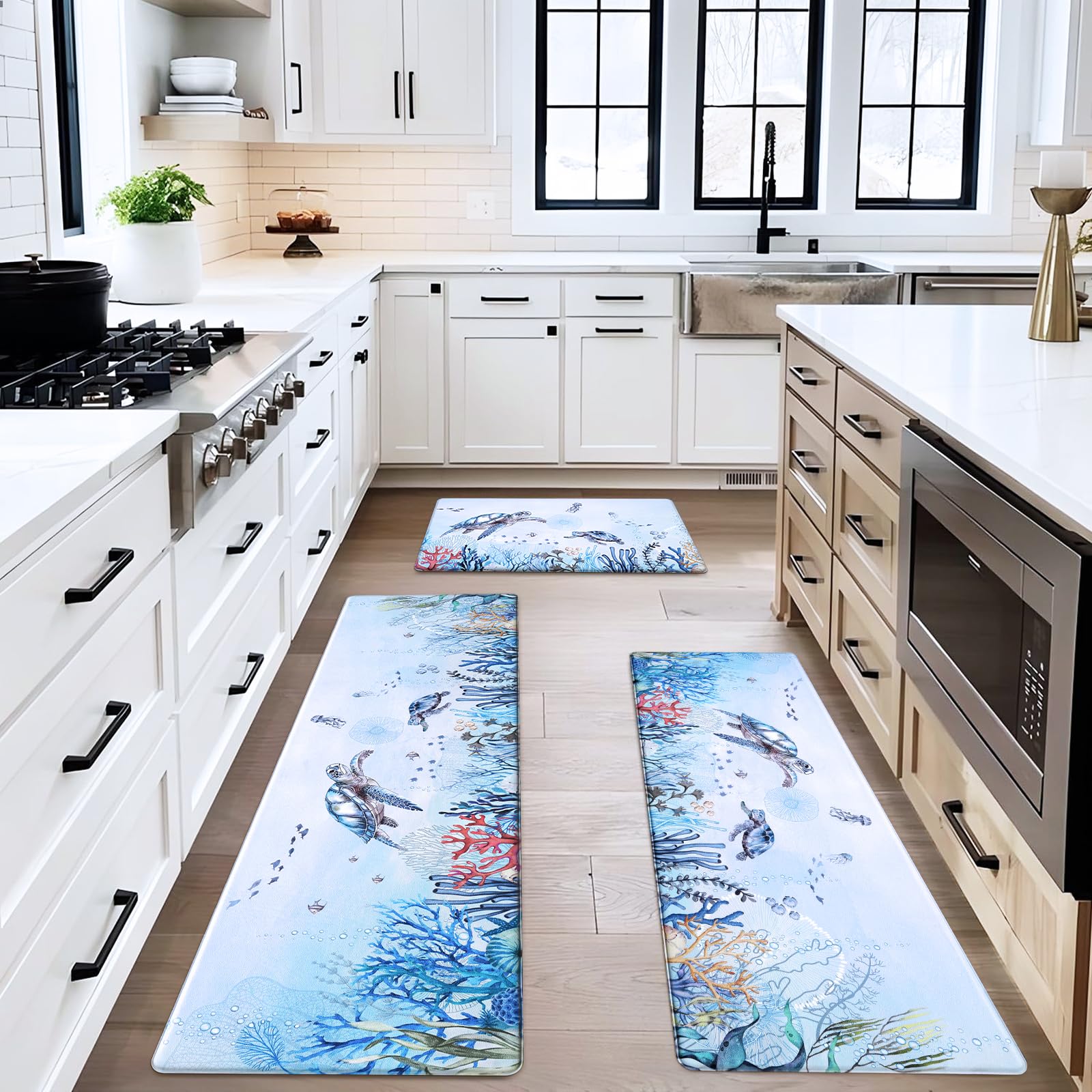 ASPMIZ Ocean Kitchen Rugs Sets of 3 Non Slip Washable, Sea Turtle Anti Fatigue Kitchen Mat Cushioned, Waterproof Nautical Coral Kitchen Floor Mats Runner Rug, 17'' x 60'' + 17'' x 47'' + 17'' x 30''