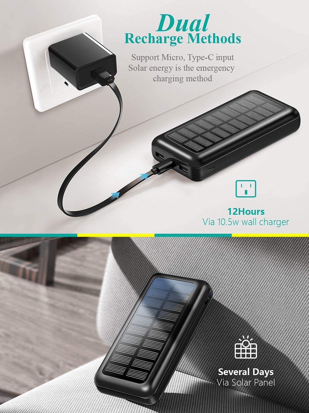 SOXONO Solar Powered Power Bank - 30000mAh Portable Solar Charger, 2 USB Ports High-Speed Panel External Battery Packs Solar Portable Power Bank for iPhone, Android and More