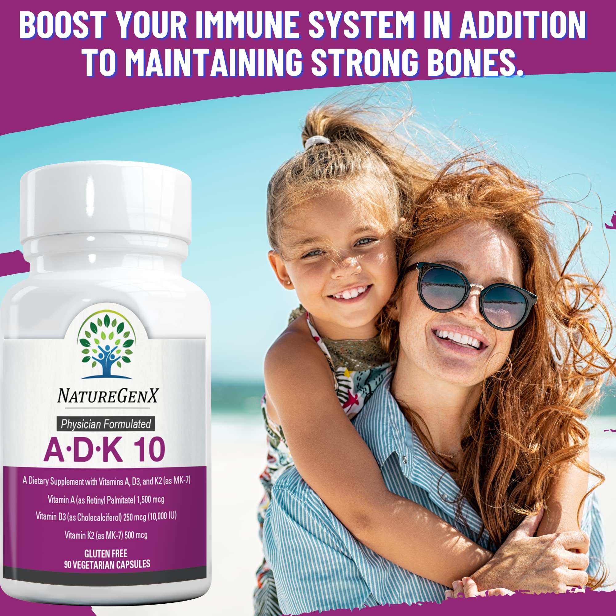 NatureGenX ADK 10 Supplement - Potent A, K2 & D3 Vitamin Supplement 10000 IU for Bone, Heart & Immune Support - 90 Count Easy-to-Swallow Vitamin ADK Supplement Capsules (3 Month Supply)