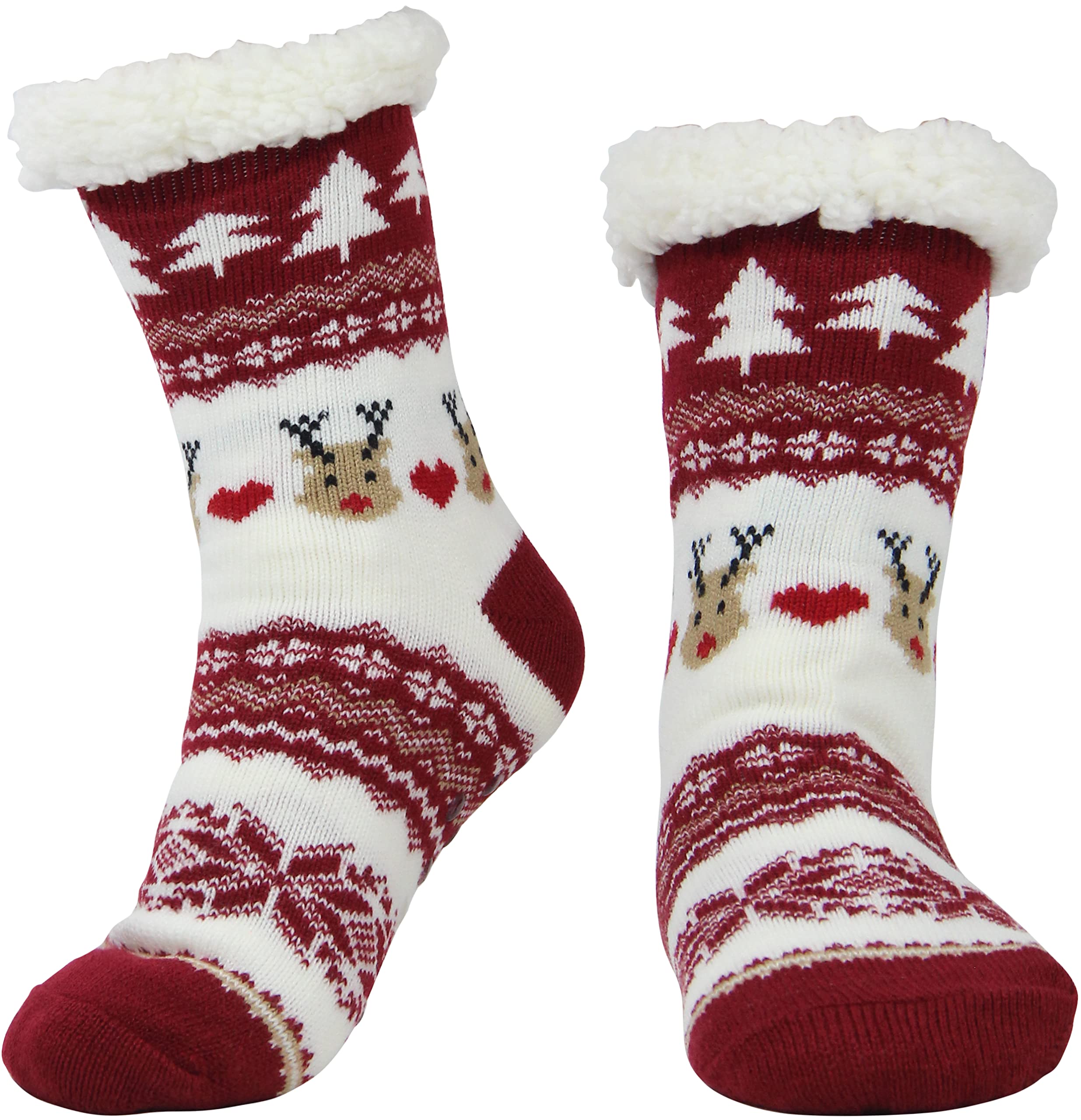 BenSorts Womens Christmas Slipper Socks with grippers Winter Warm House Indoor Fleece Lining Fuzzy Soft Sherpa House Cozy Socks Holiday Gift Red